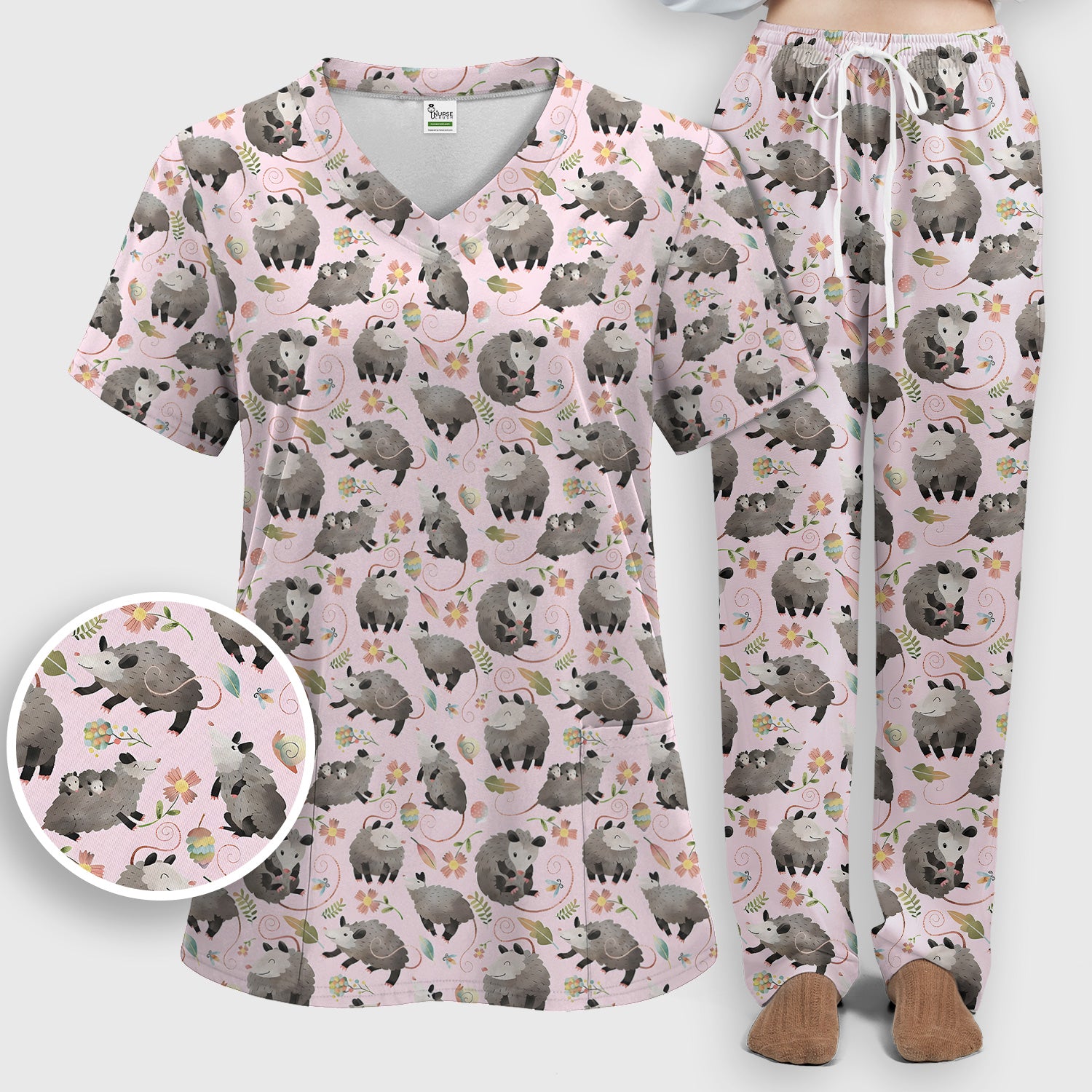 Cute Opossum Playing Flower Garden Pattern Scrub Set, Scrub Pants and V Neck Top