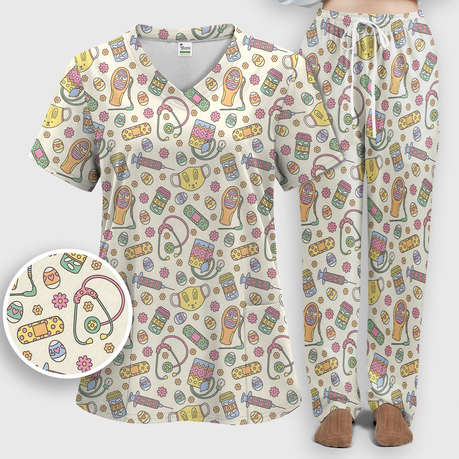 Easter Nurse Bunny Medical Pattern Scrub Set, Scrub Pants and V Neck Top