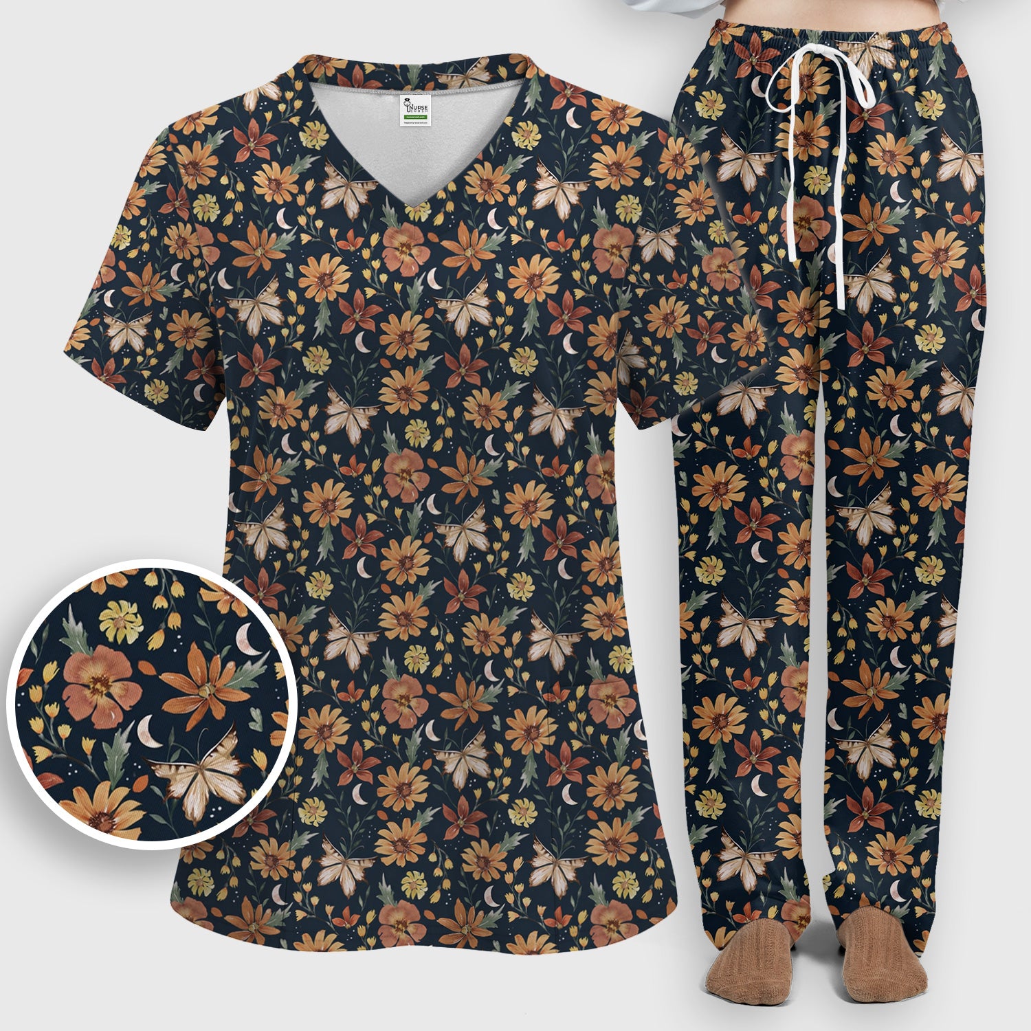Charming Autumn Floral Butterfly Moon Pattern Scrub Set, Scrub Pants and V Neck Top