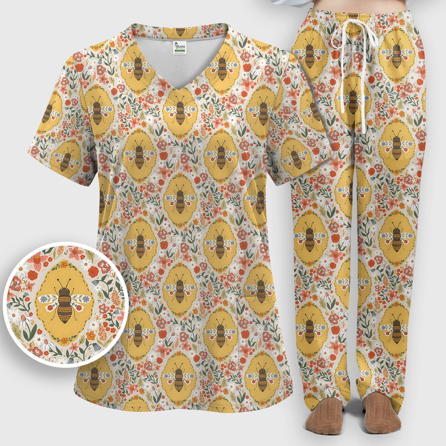 Vintage Honeybee Floral Garden Pattern Nurse Scrub Set, Scrub Pants and V Neck Top