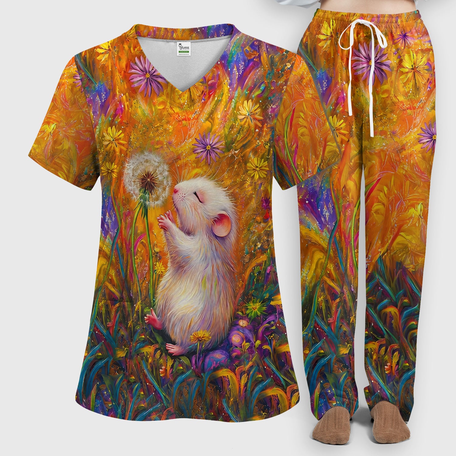 Cute Whimsical Mouse Dandelion Pattern Scrub Set, Scrub Pants and V Neck Top