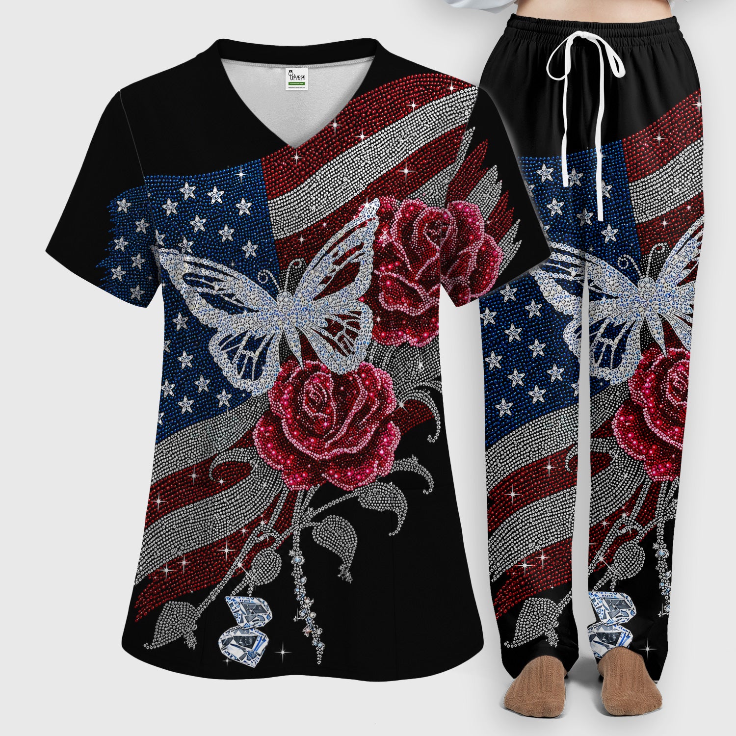 Patriotic Butterfly Rose Flag Print Scrub Set, Scrub Pants and V Neck Top
