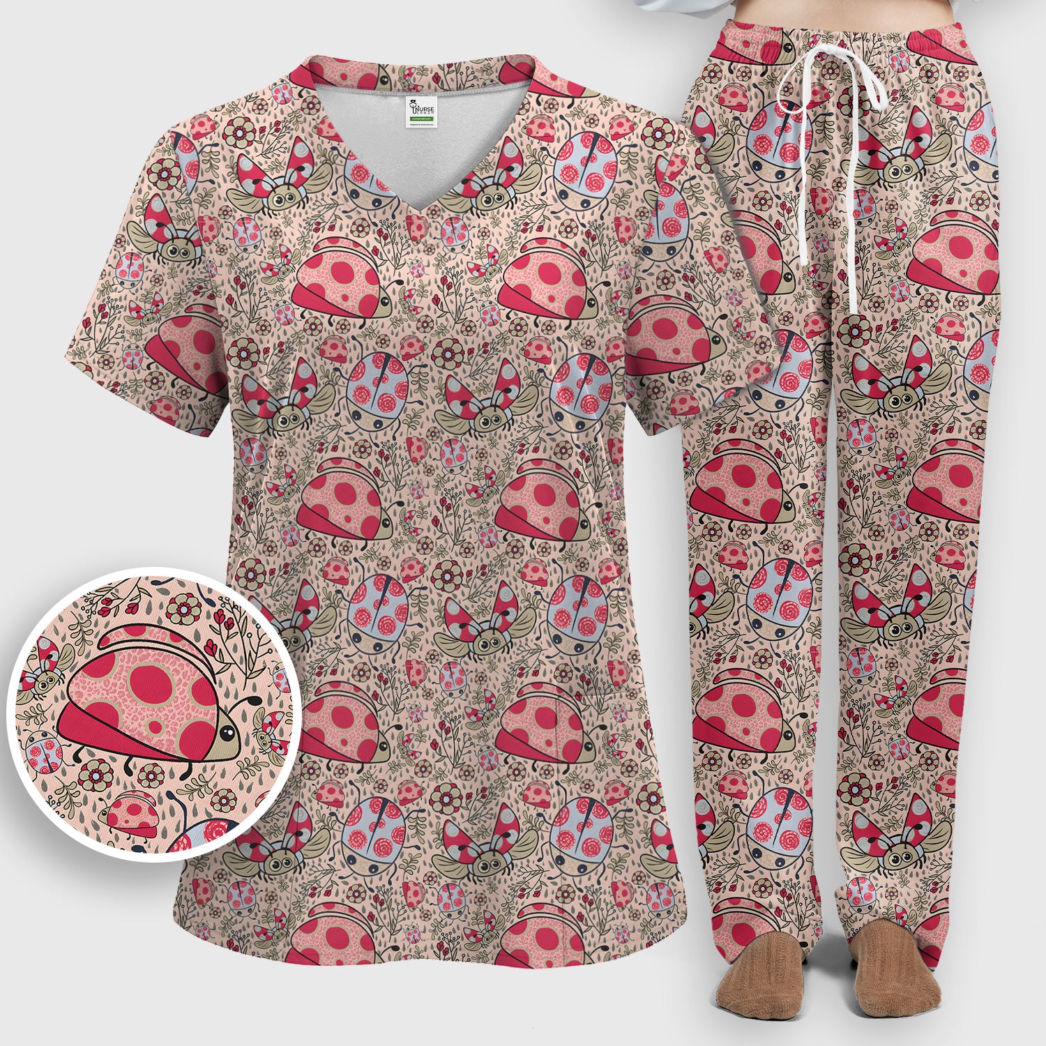 Cute Ladybug Rain Garden Pattern Scrub Set, Scrub Pants and V Neck Top
