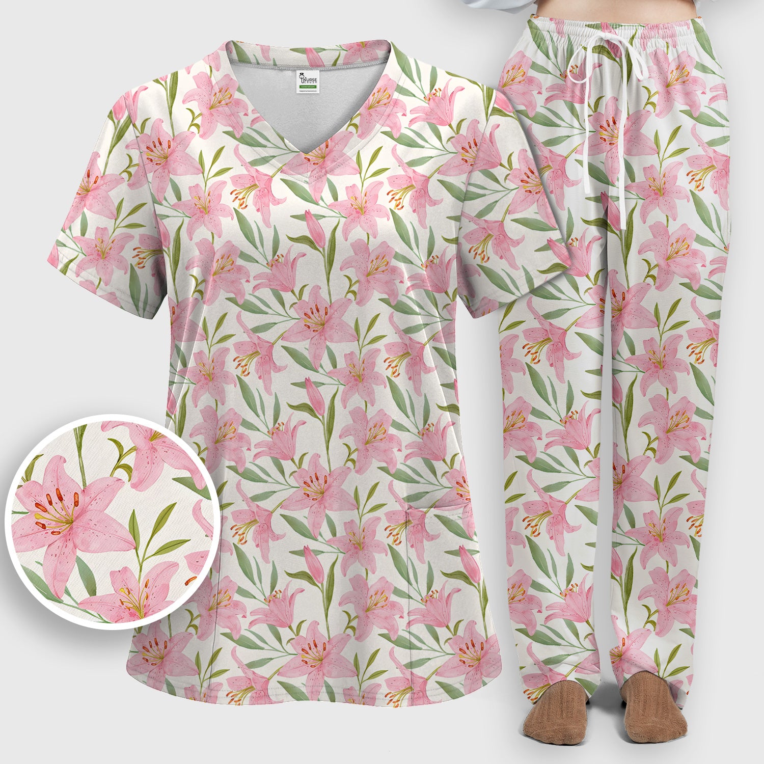 Cute Pink Lily Floral Nurse Pattern Scrub Set, Scrub Pants and V Neck Top