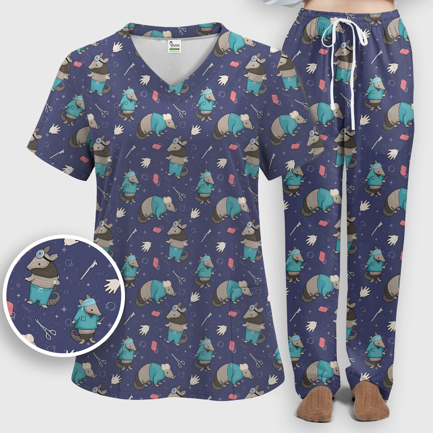 Armadillo Doctor Medical Tools Pattern Scrub Set, Scrub Pants and V Neck Top