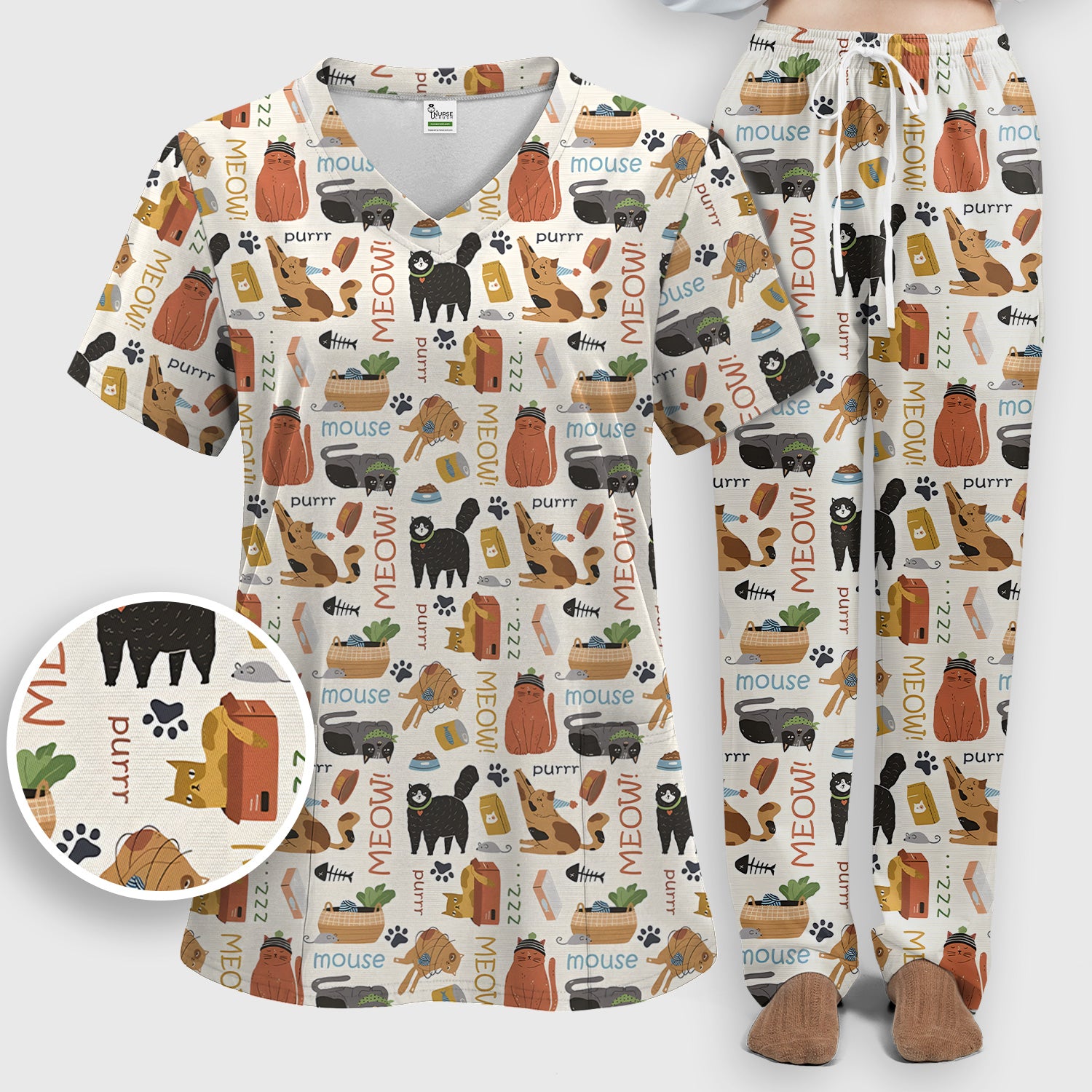 Meow Purr Cat Life Print Scrub Set, Women's Scrub Sets