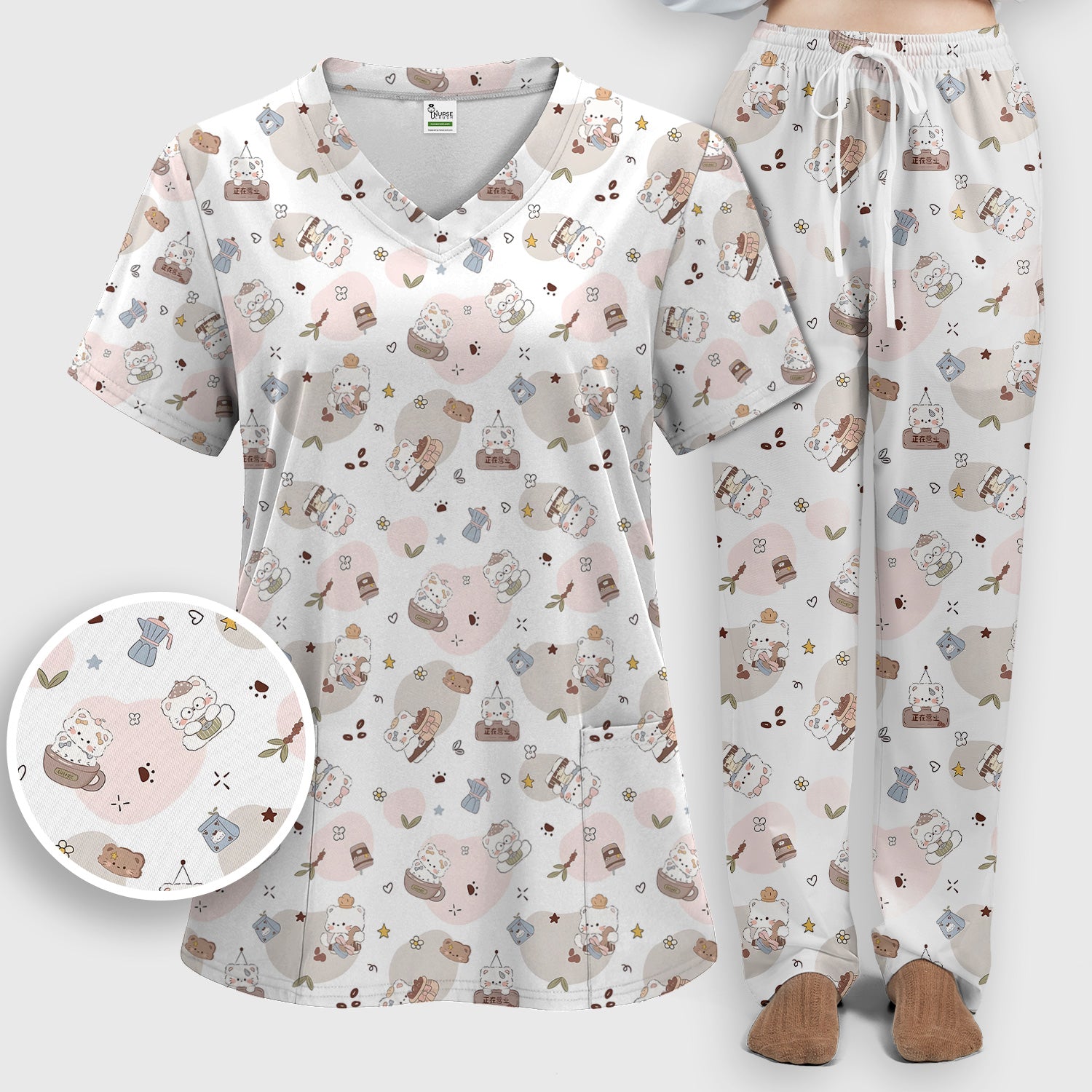 Cute Cat With Coffee Paw Heart Pattern Scrub Set, Scrub Pants and V Neck Top