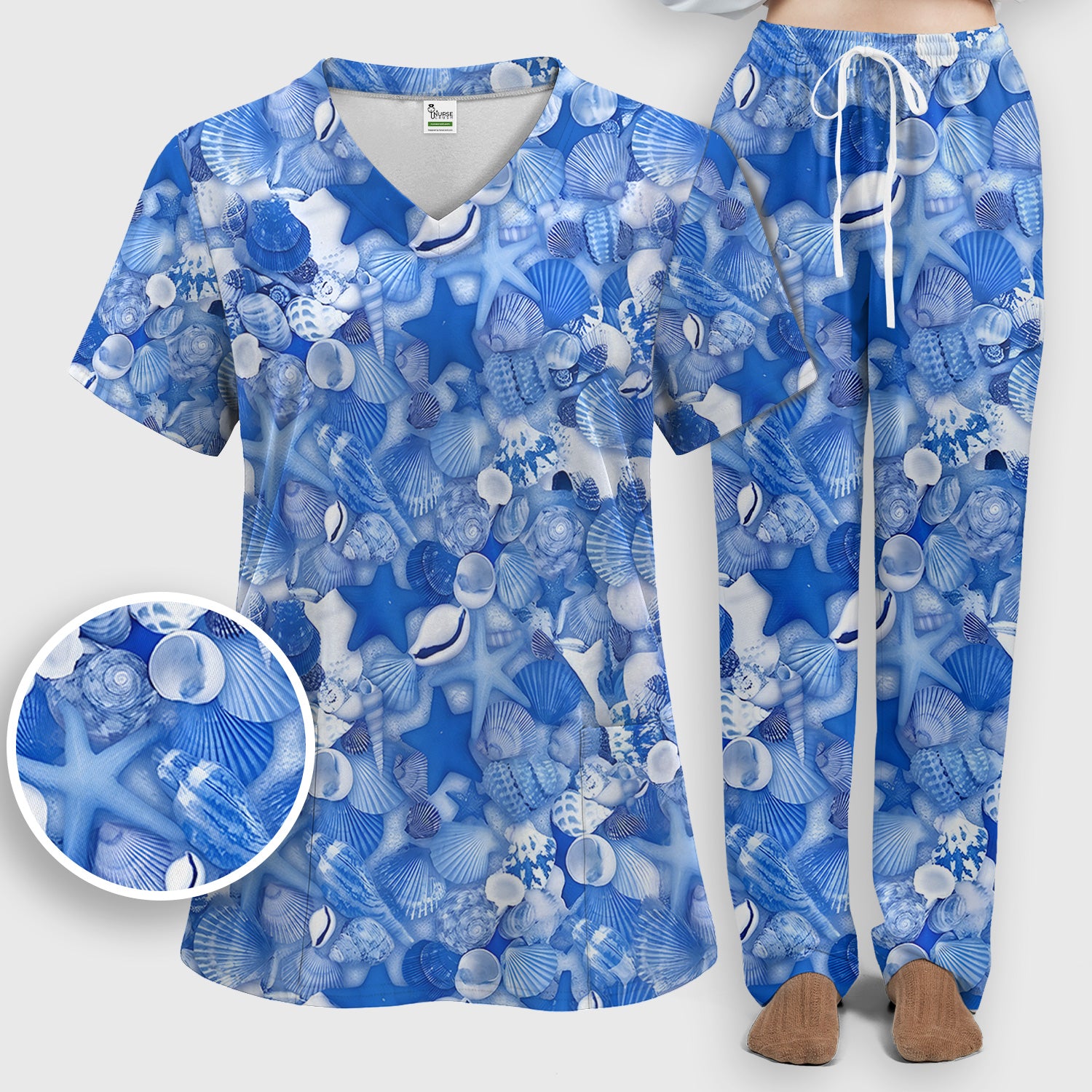 Blue Seashell Starfish Ocean Pattern Scrub Set, Scrub Pants and V Neck Top