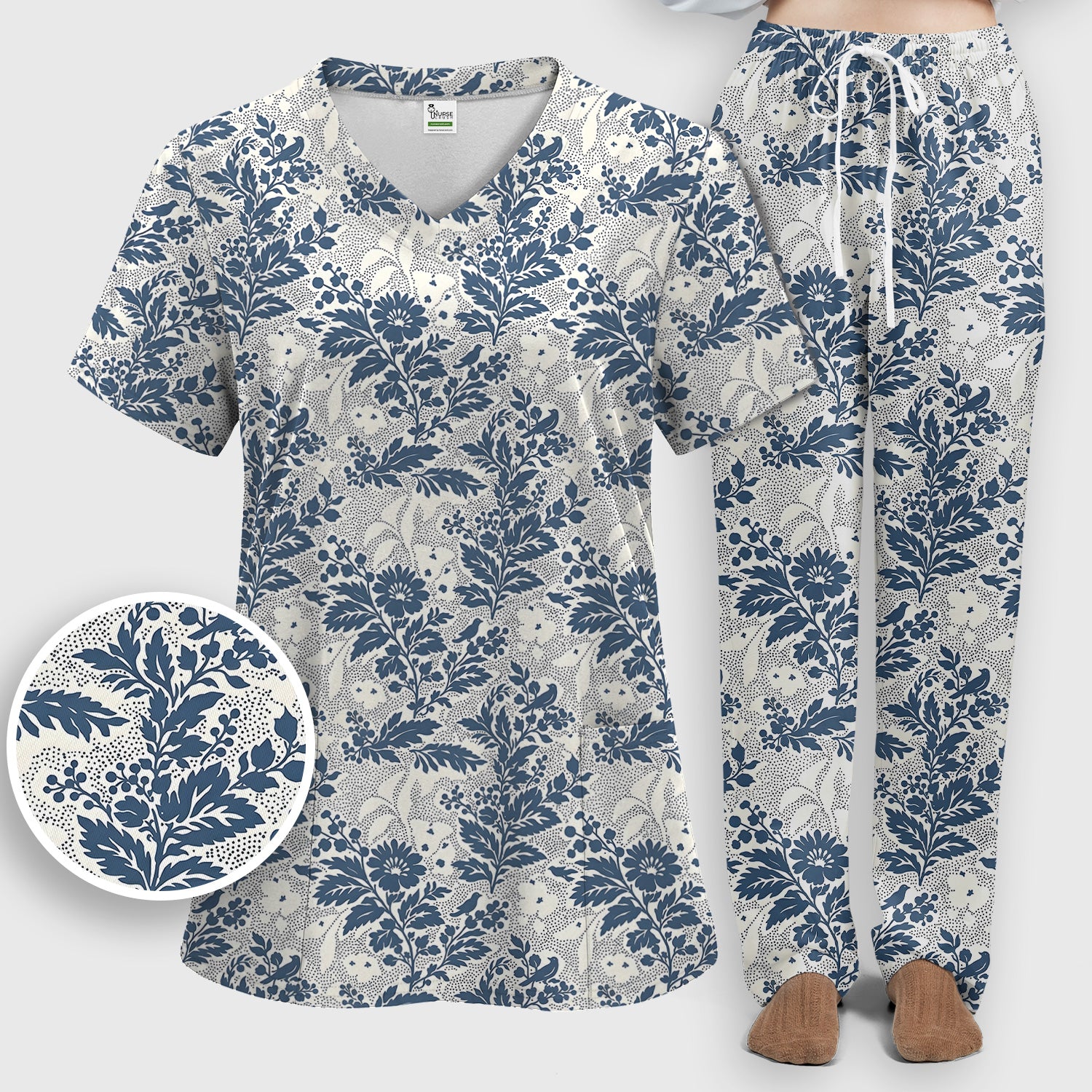 Cute Blue Floral Botanical Nurse Pattern Scrub Set, Scrub Pants and V Neck Top