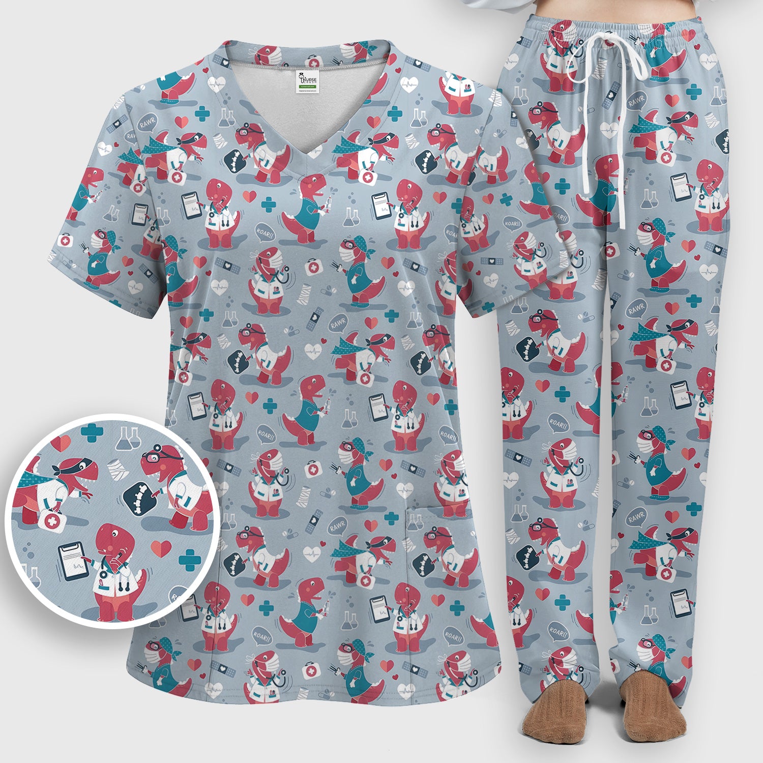 Cute Dinosaur Doctor Medical Pattern Scrub Set, Women's Scrub Sets