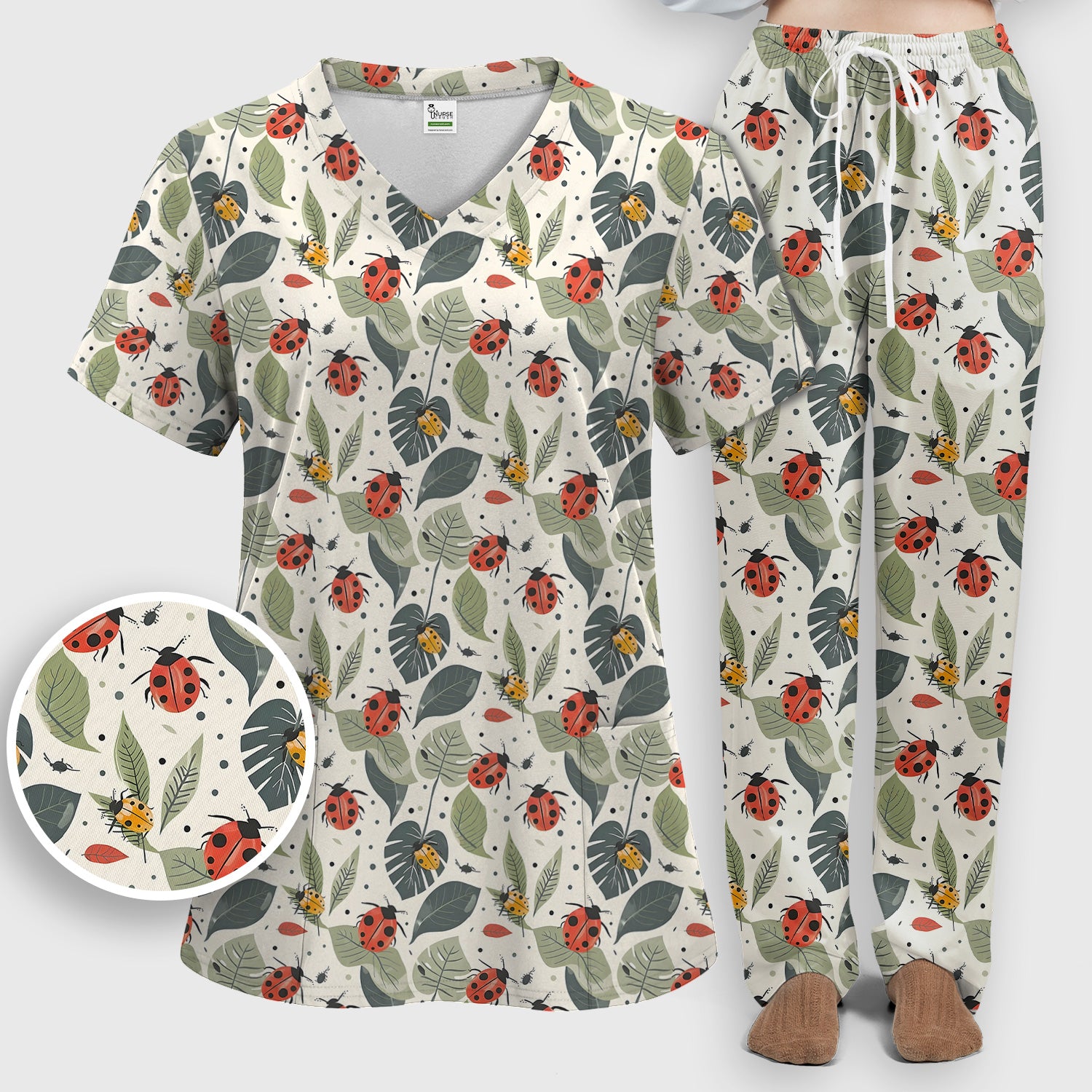 Cute Ladybug Leaf Nature Pattern Scrub Set, Scrub Pants and V Neck Top