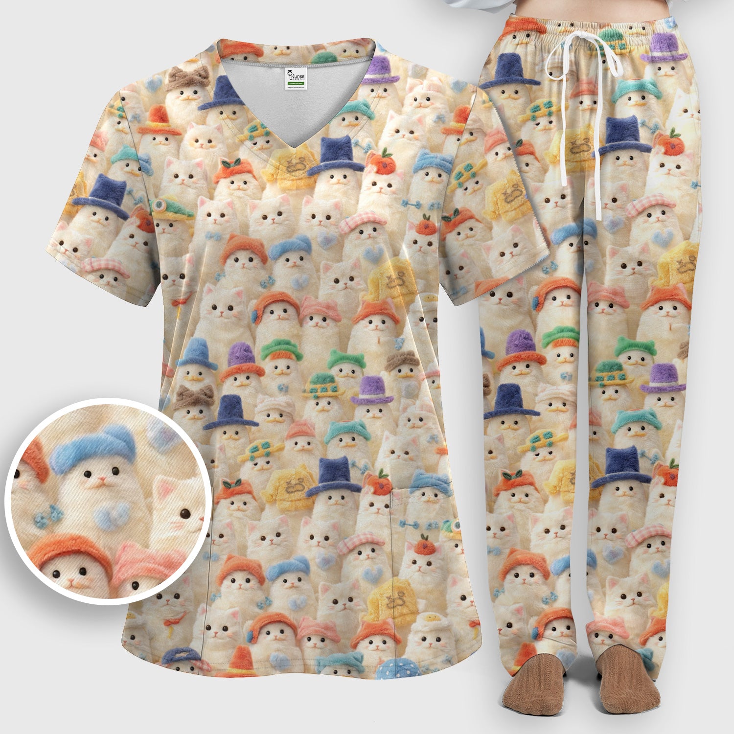 Adorable Cats Wearing Colorful Hats Pattern Scrubs Sets, Scrub Pants and V Neck Top