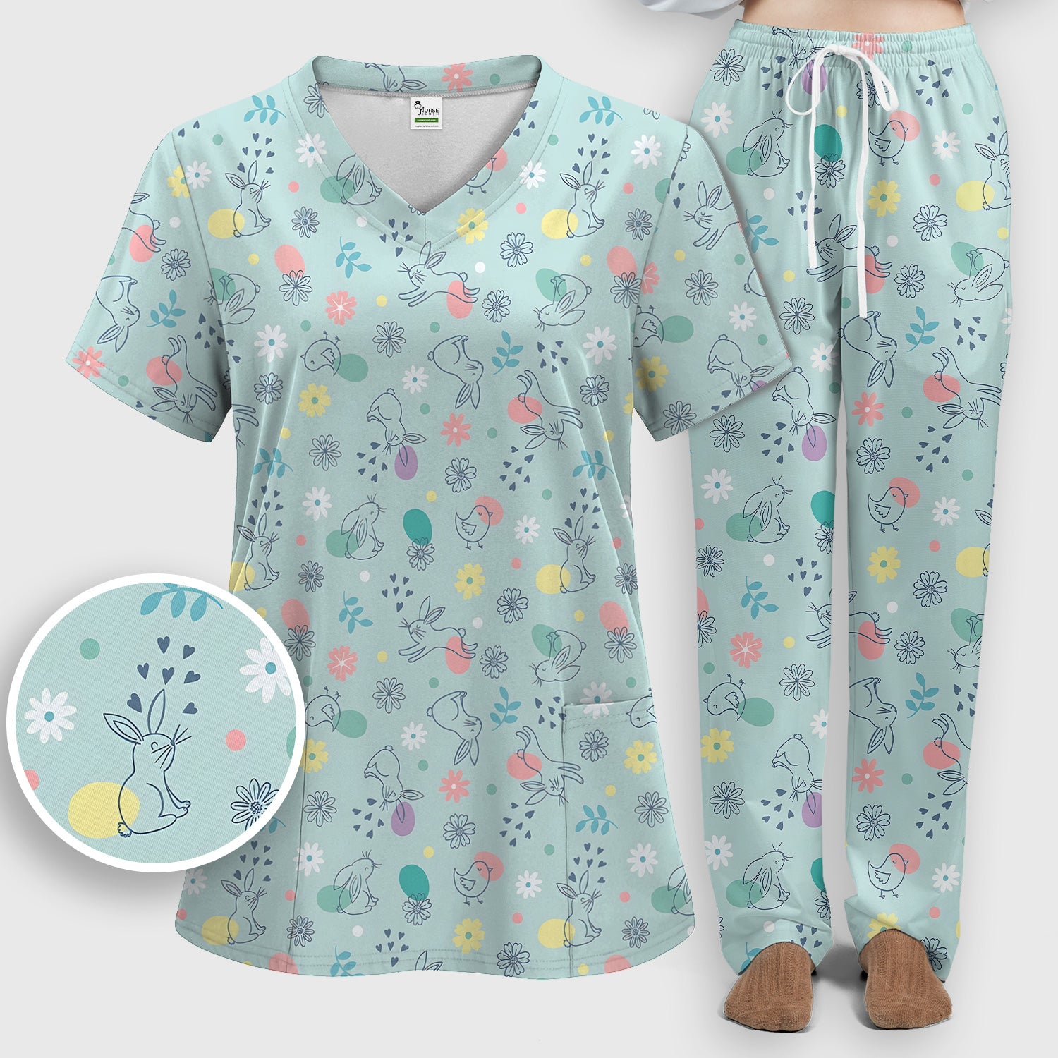 Whimsical Easter Bunny Eggs Pattern Scrub Set, Scrub Pants and V Neck Top