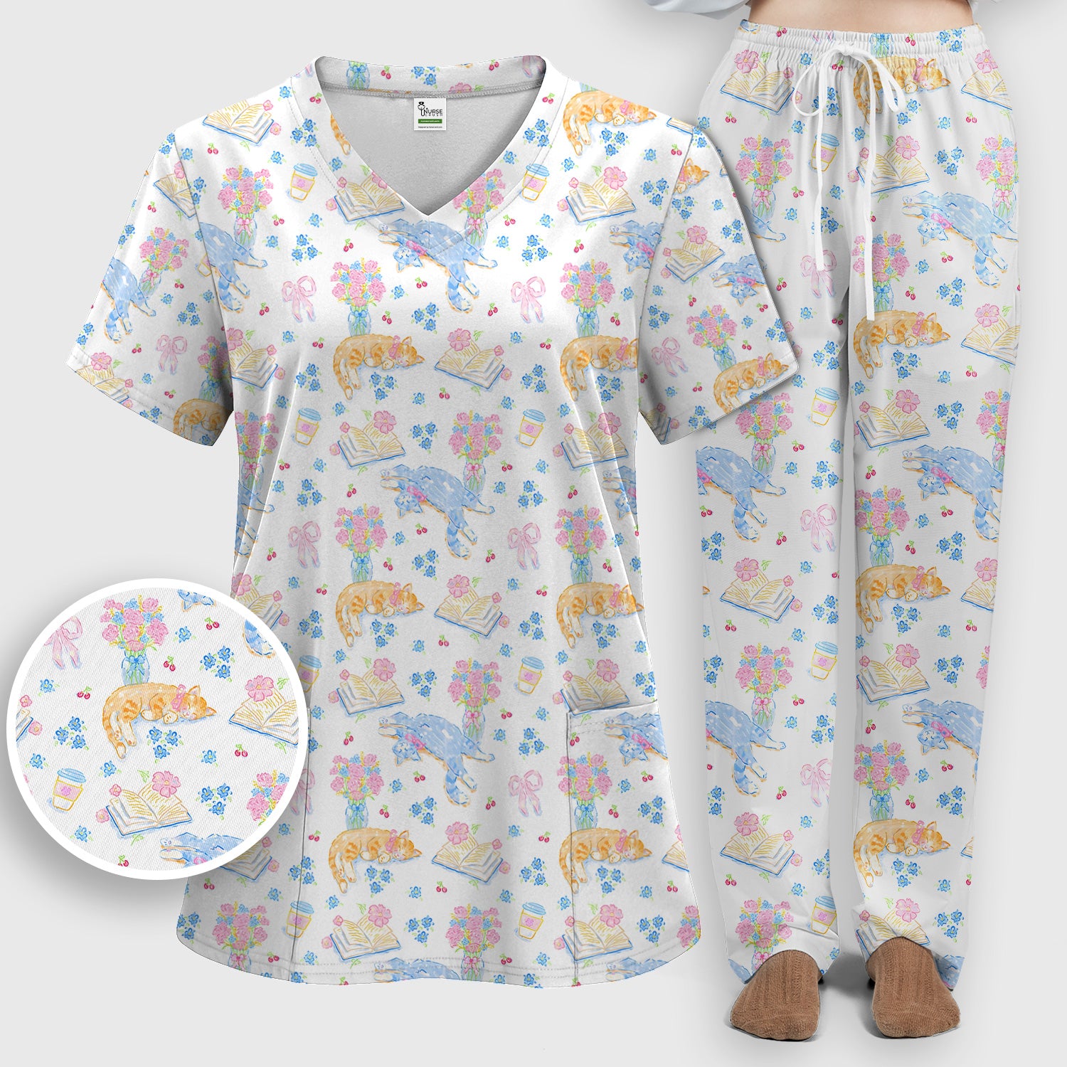 Cute Cats Reading Floral Books Pattern Scrub Set, Scrub Pants and V Neck Top