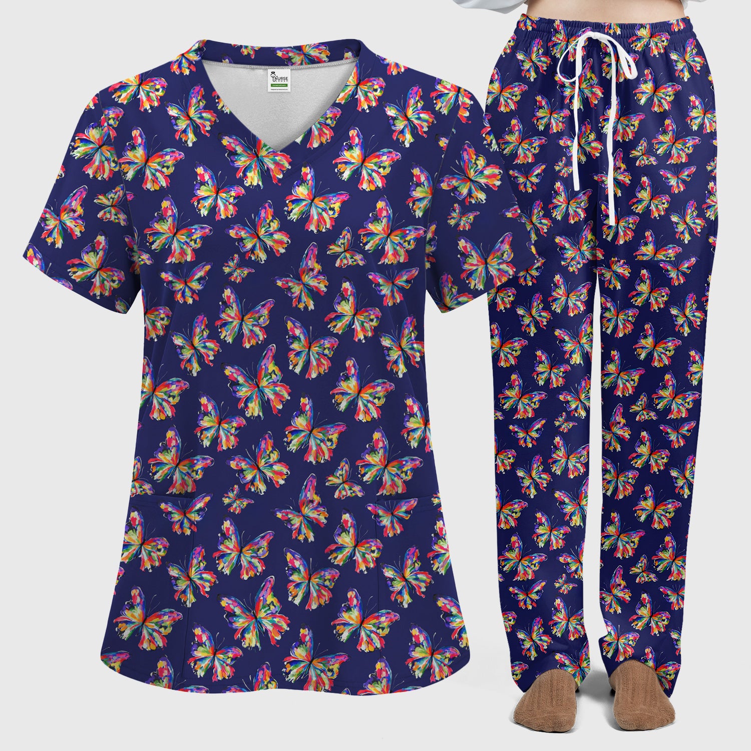 Vibrant Rainbow Butterfly Pattern Scrub Set, Scrub Pants and V Neck Top