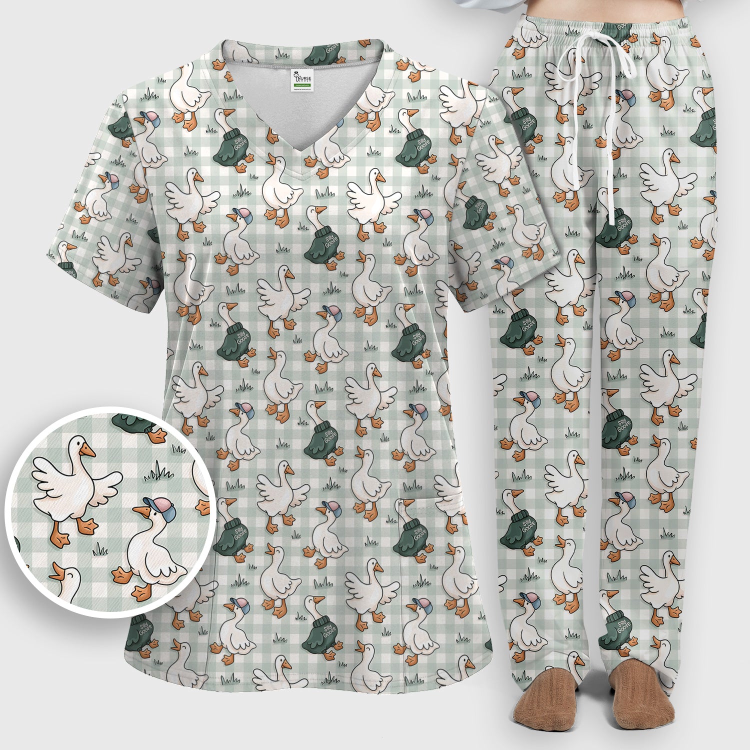 Funny Goose Wearing Sweater On Plaid Background Pattern Scrub Set, Scrub Pants and V Neck Top
