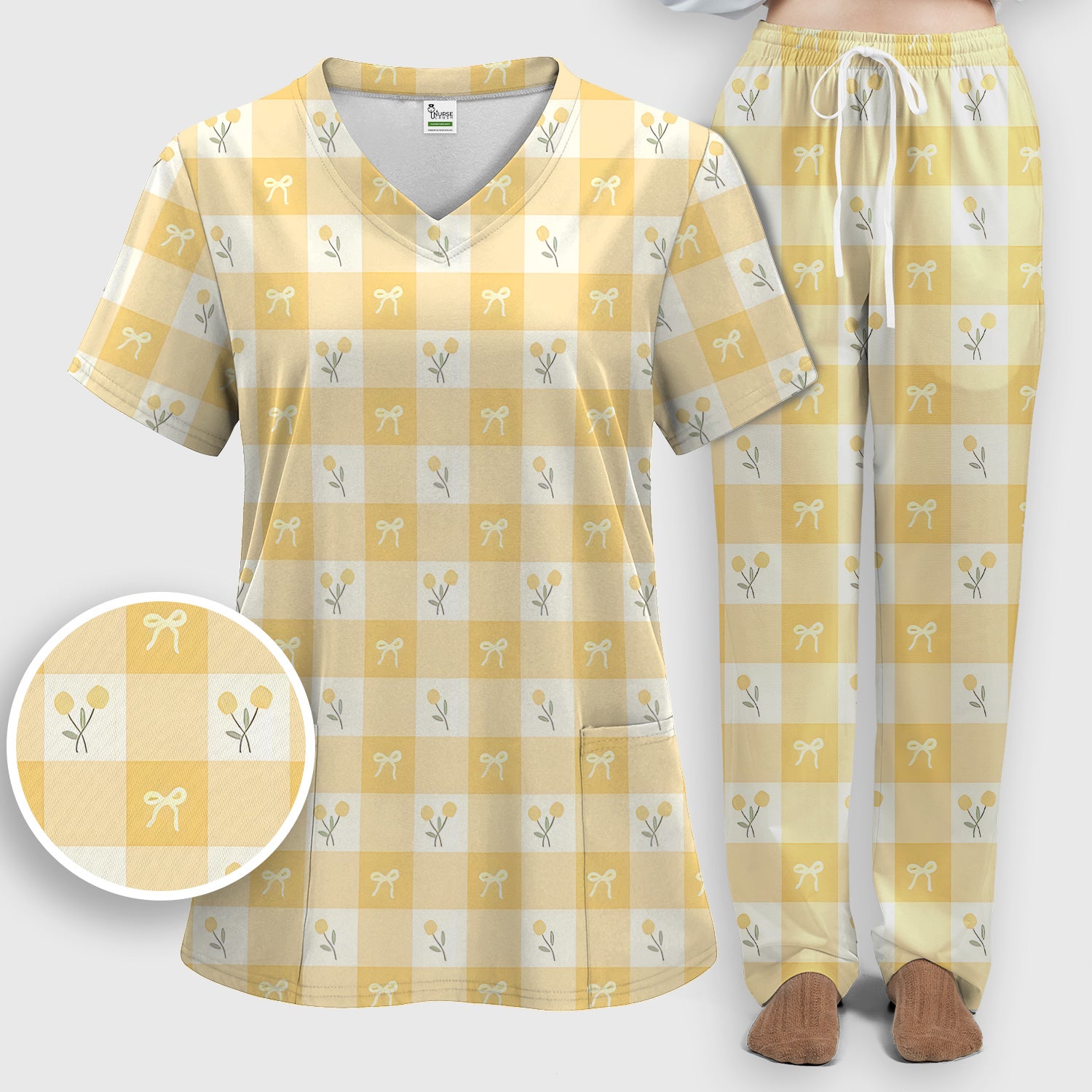 Yellow Gingham Bow Floral Pattern Scrub Set, Scrub Pants and V Neck Top