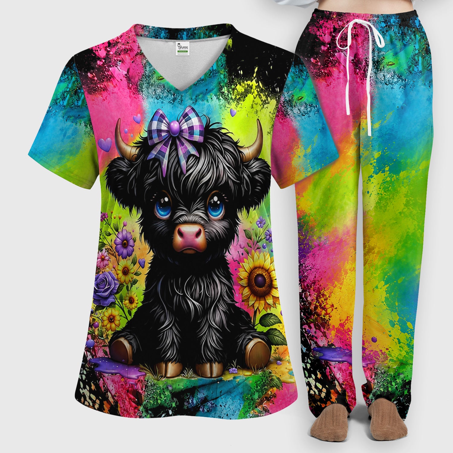 Baby Highland Cow Floral Print Scrub Set, Scrub Pants and V Neck Top