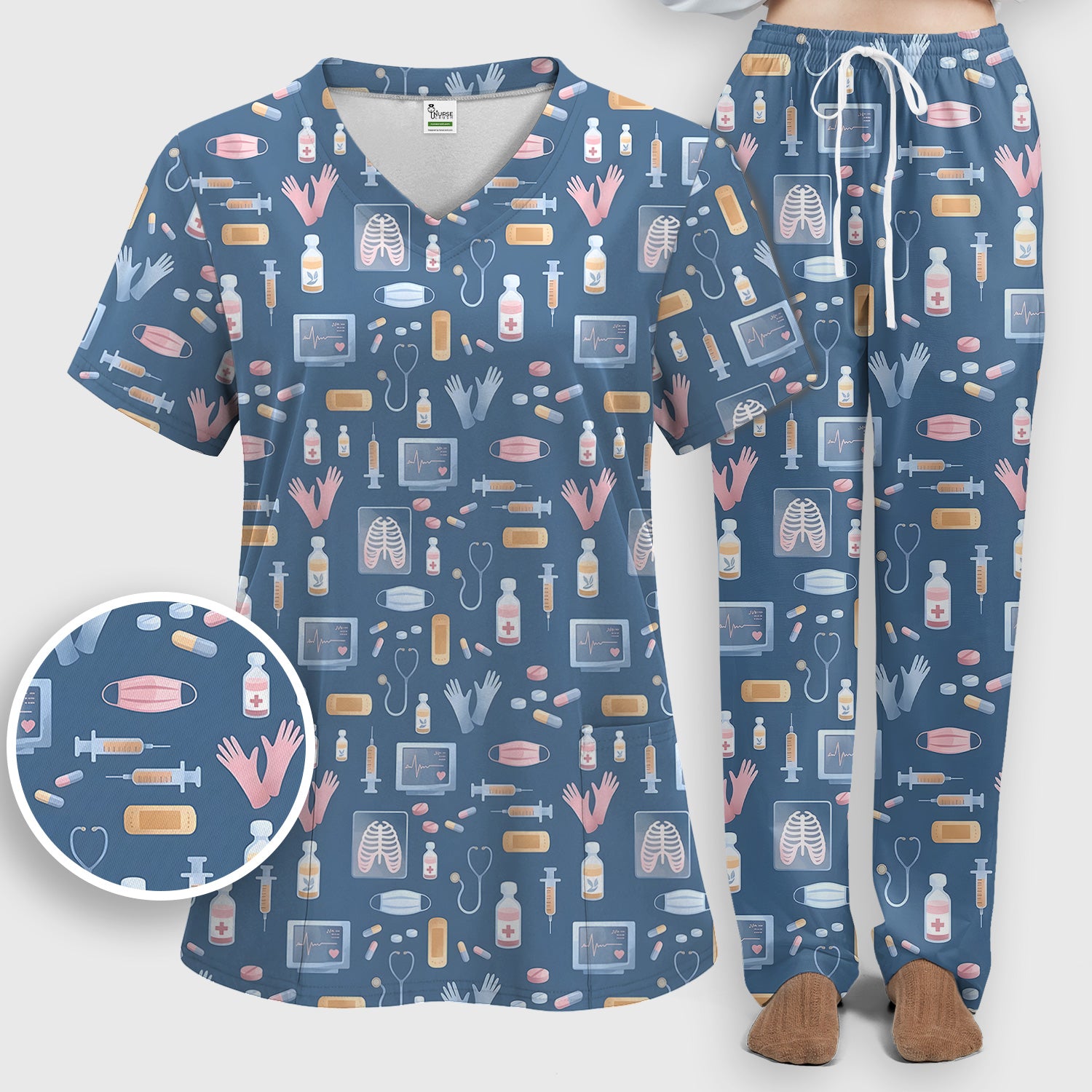 Medical Tools Gloves Syringe Pill Monitor Pattern Scrub Set, Scrub Pants and V Neck Top