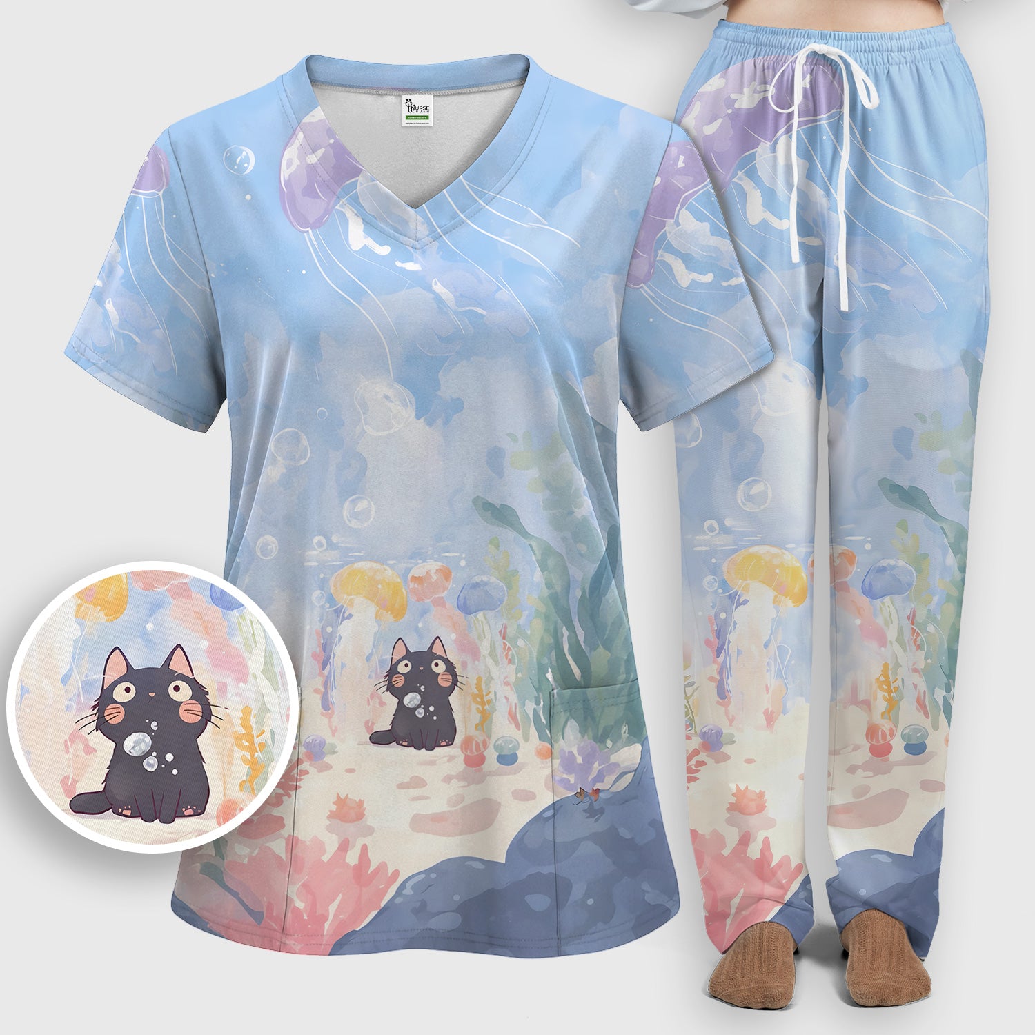 Cute Underwater Black Cat Jellyfish Pattern Scrub Set, Scrub Pants and V Neck Top