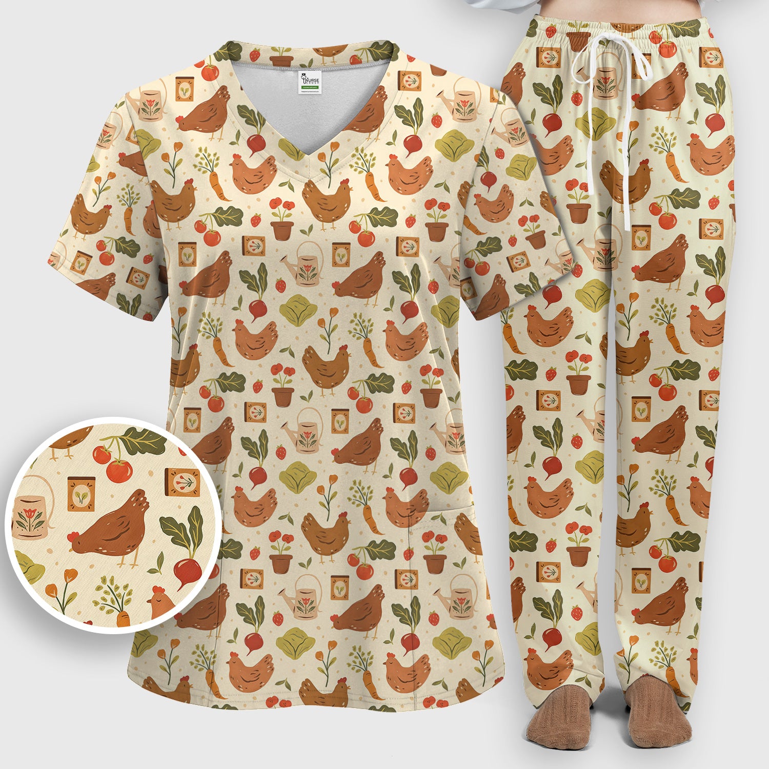 Rustic Farm Chicken Garden Vegetable Pattern Scrub Set, Scrub Pants and V Neck Top