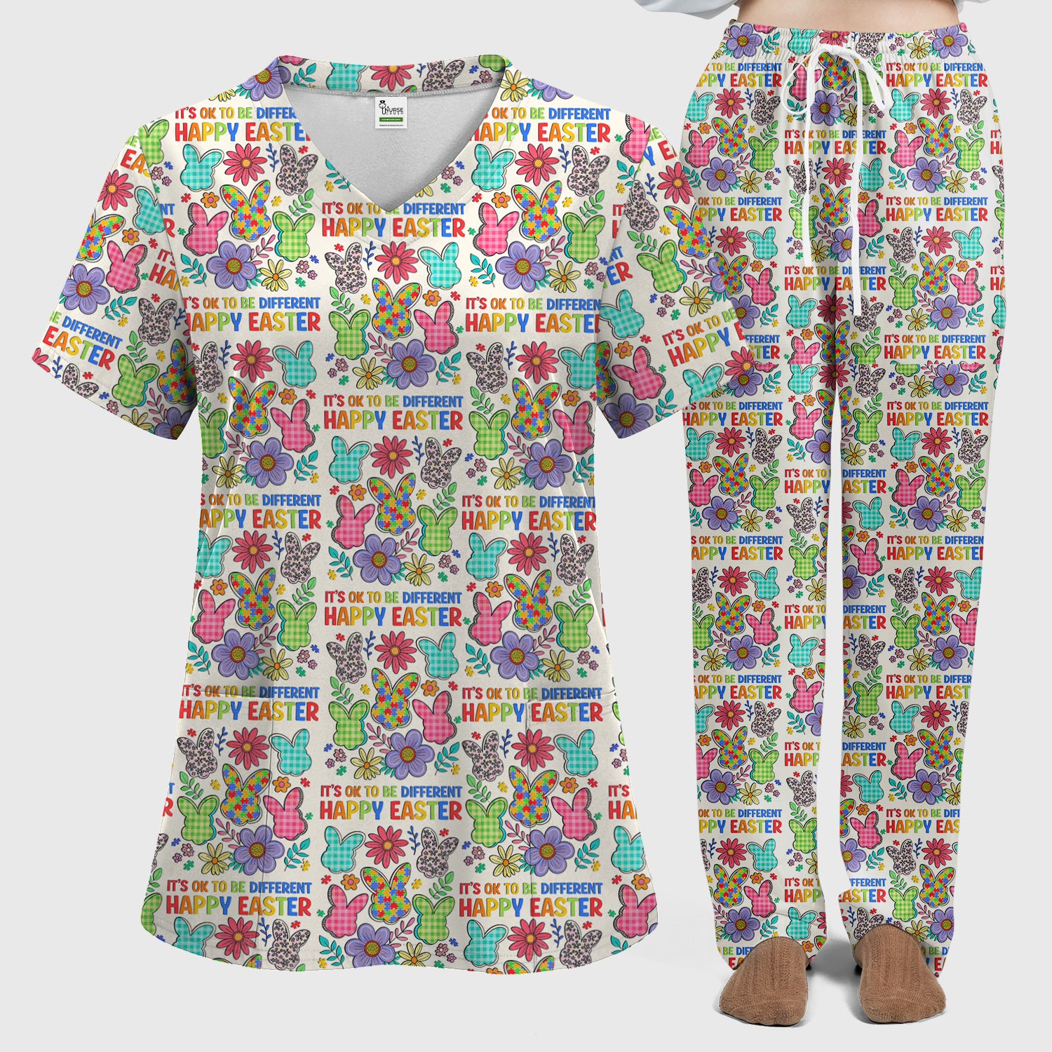 Happy Easter Bunny Floral Print Scrub Set, Breathable Med Uniform
