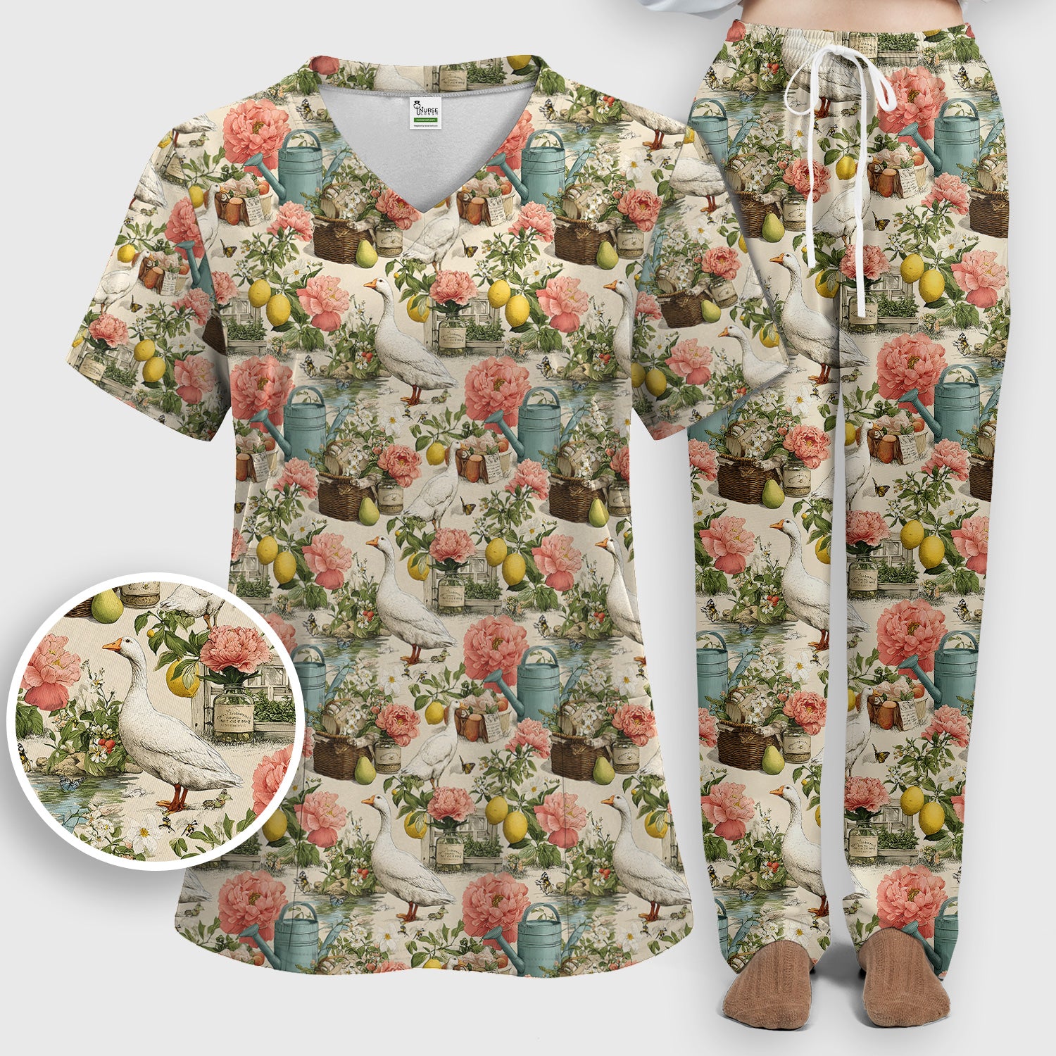 Vintage Goose Garden Floral Pattern Scrub Set, Scrub Pants and V Neck Top