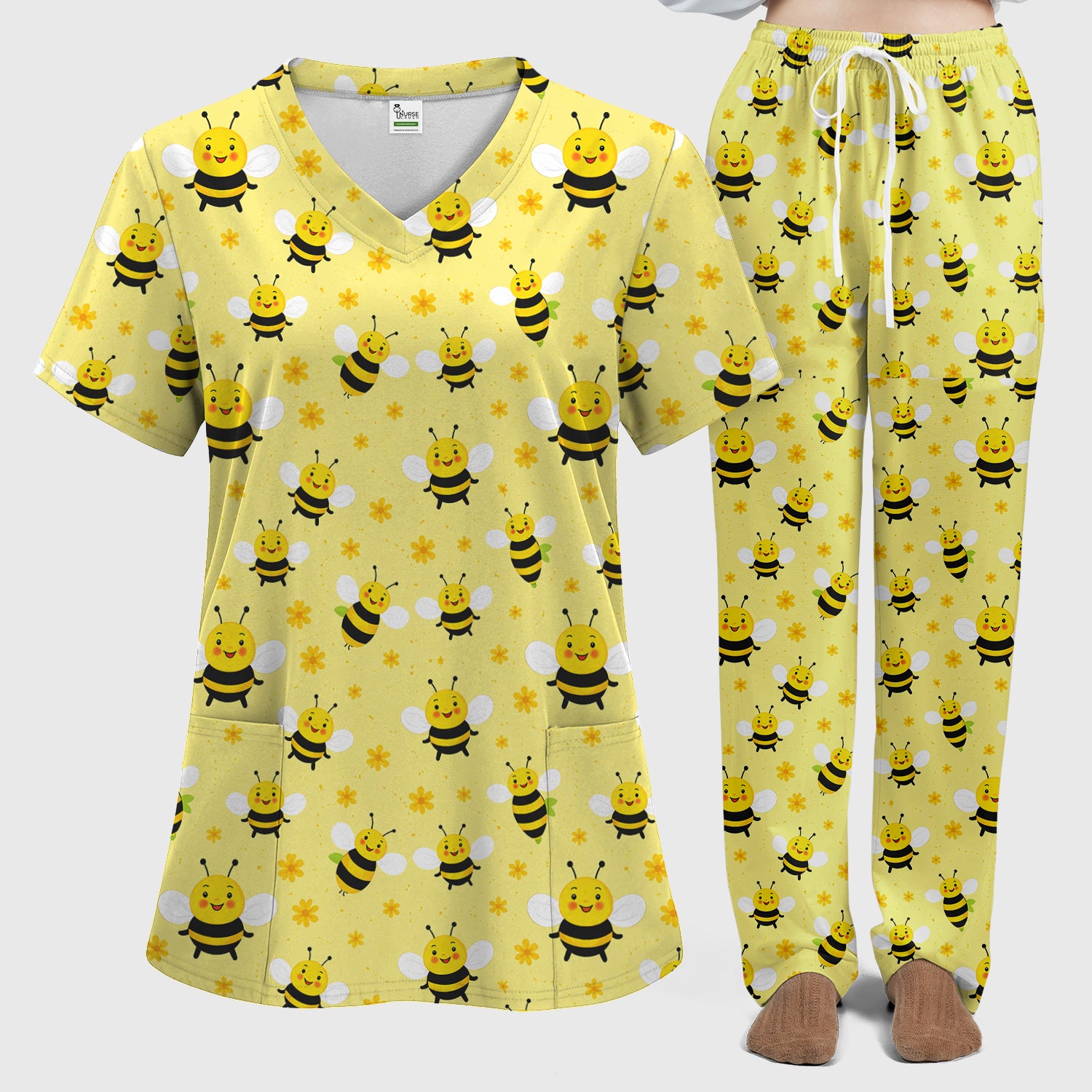 Cute Smiling Bee Yellow Floral Print Sets, Breathable Med Uniform