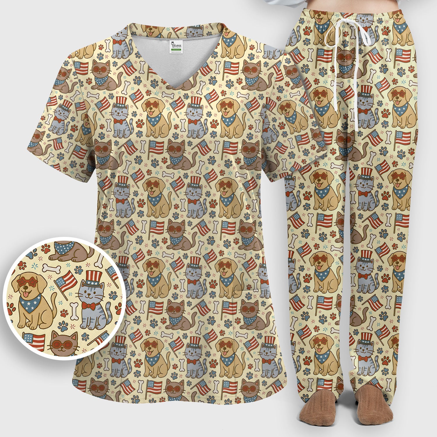 American Flag Patriotic Cat & Dog Pattern Scrub Set, Scrub Pants and V Neck Top