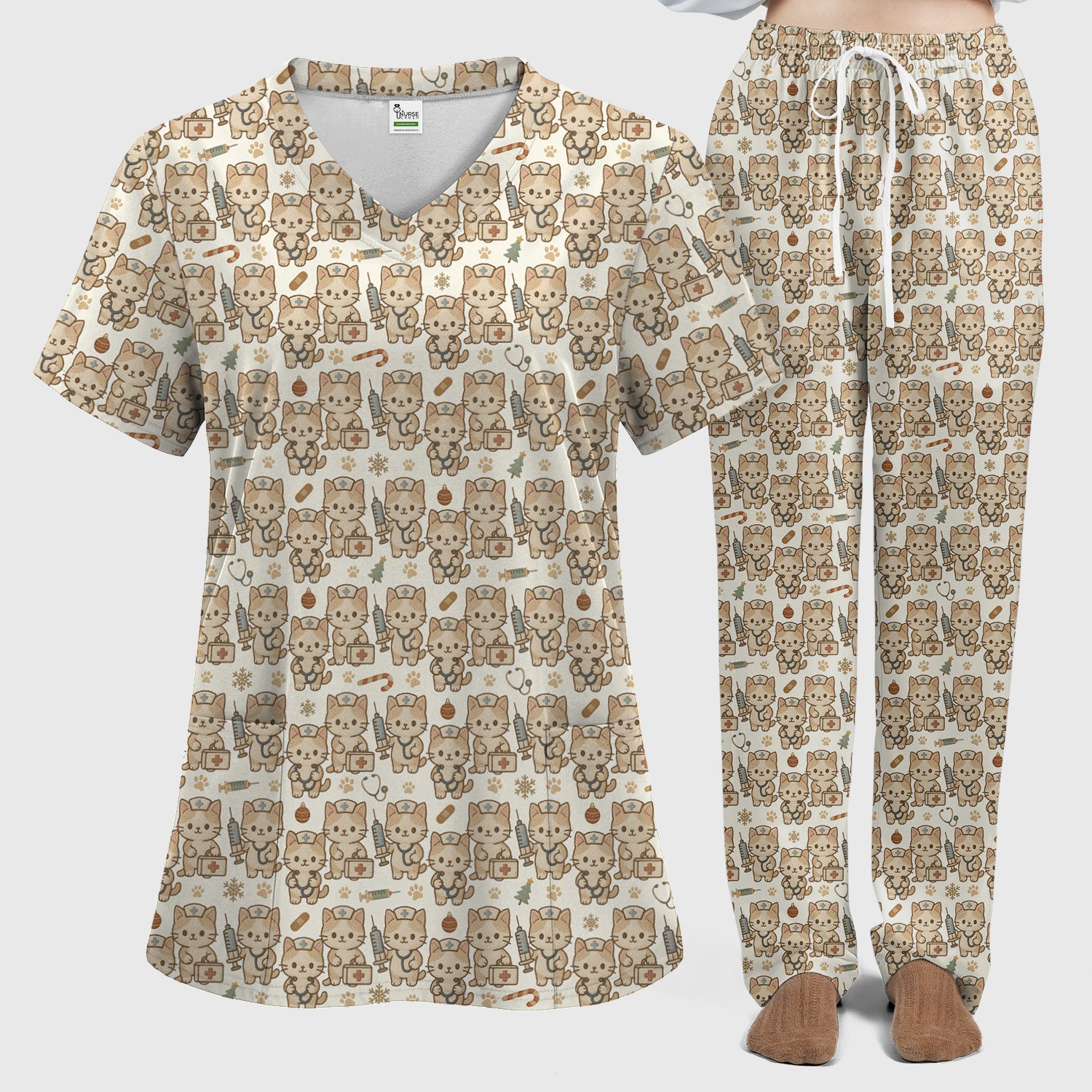 Cute Cat Nurse Christmas Scrub Set, Kawaii Kitty Medical Pattern Shirt, Breathable Fabrics Nursing Uniform
