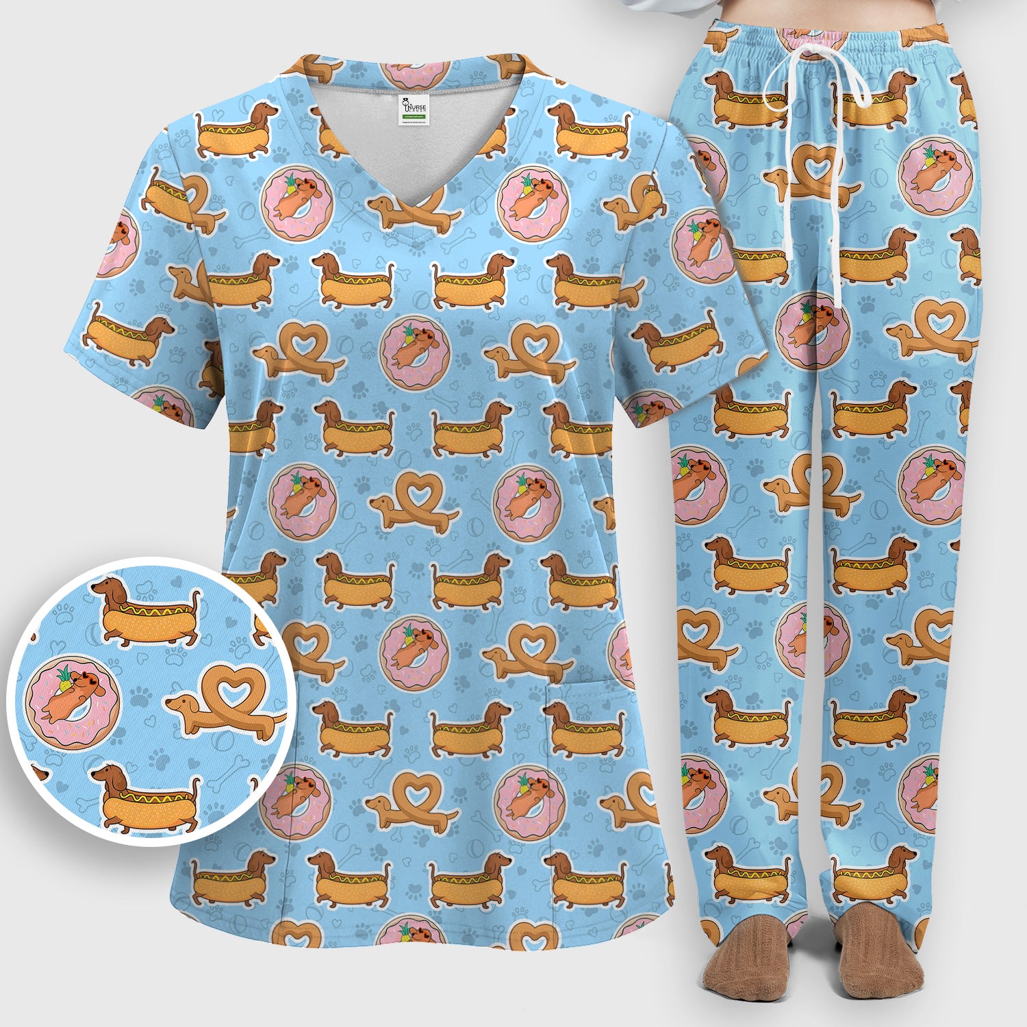 Cute Dachshund Donut Heart Pattern Scrub Set, Scrub Pants and V Neck Top