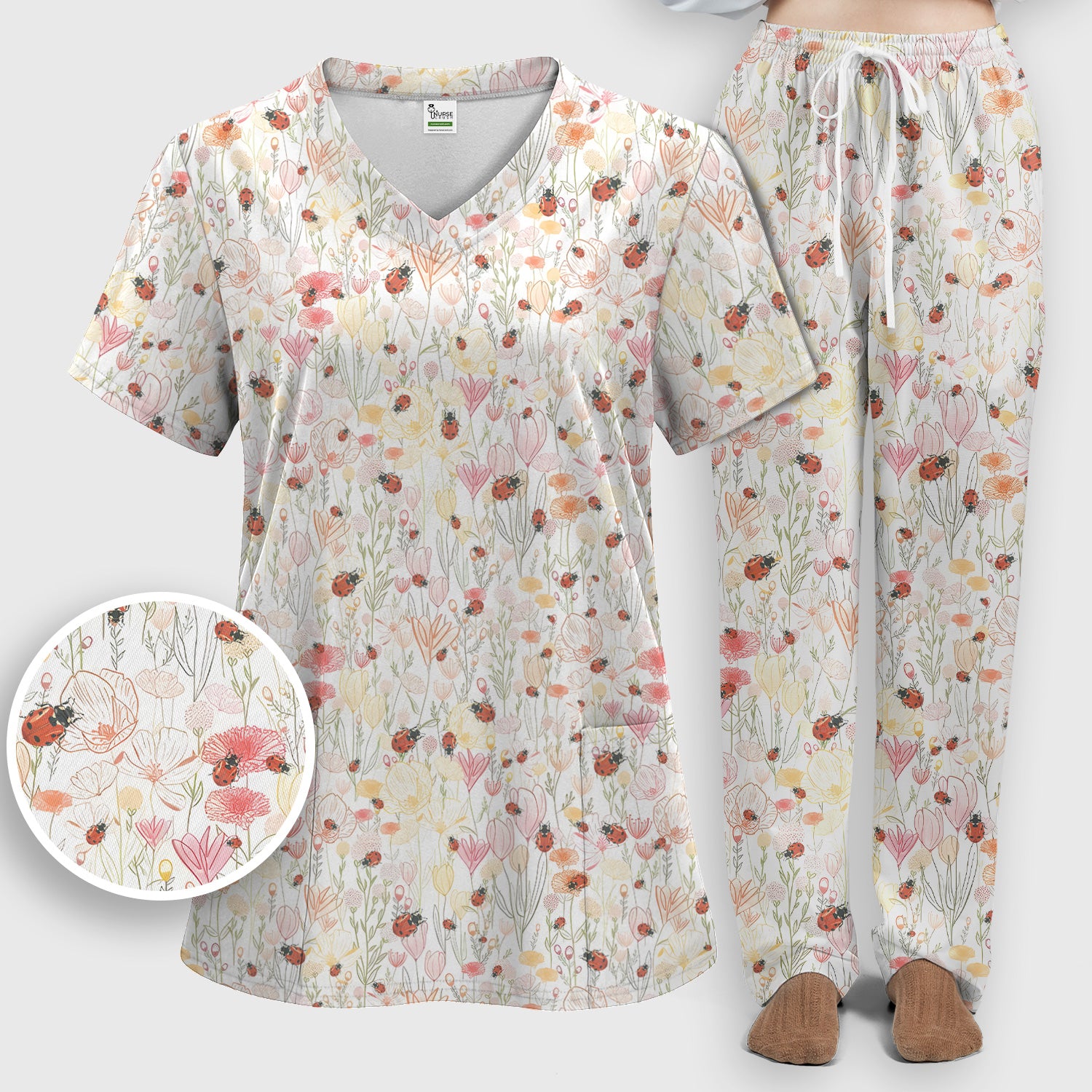 Cute Nurse Wildflower Ladybug Garden Pattern Scrub Set, Scrub Pants and V Neck Top
