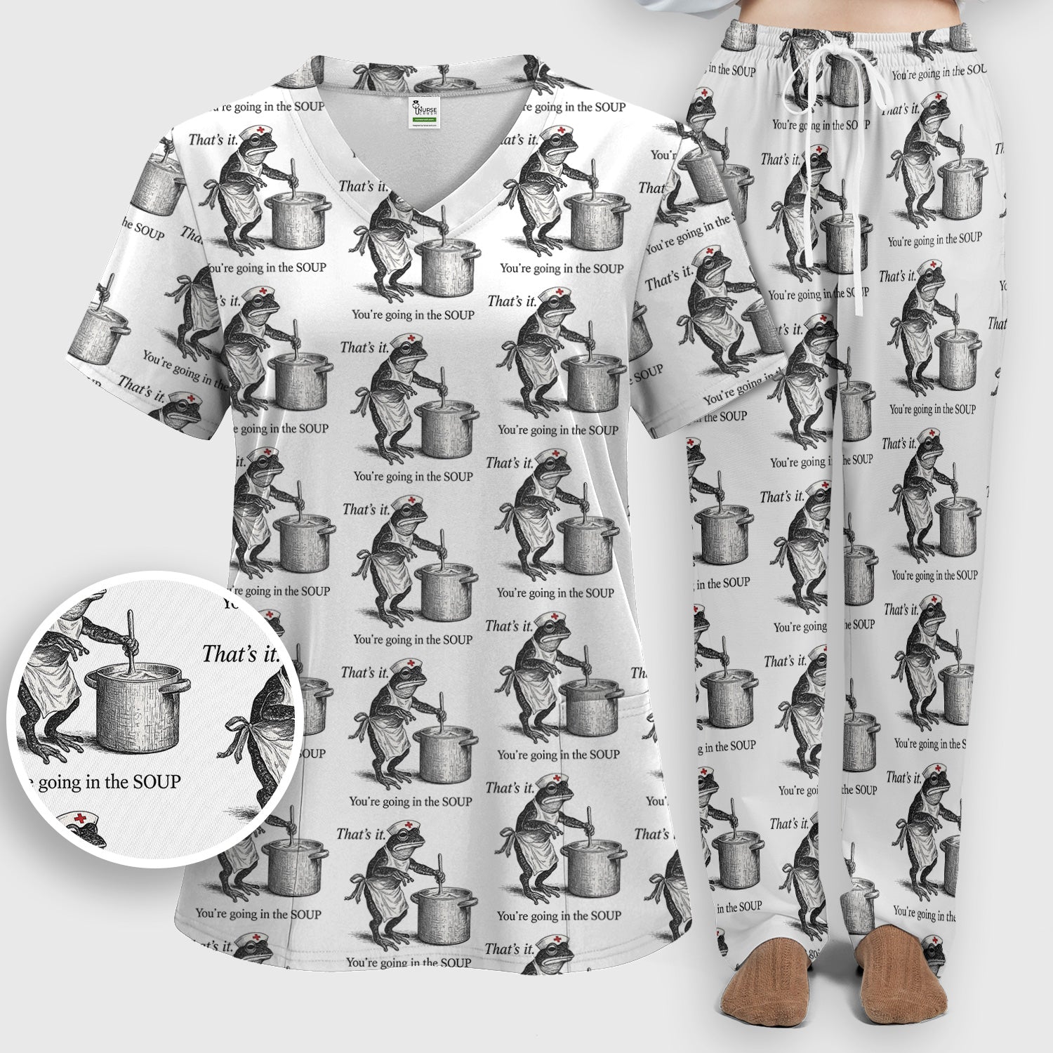 Funny Nurse Frog Cooking Soup Vintage Pattern Scrub Set, Scrub Pants and V Neck Top