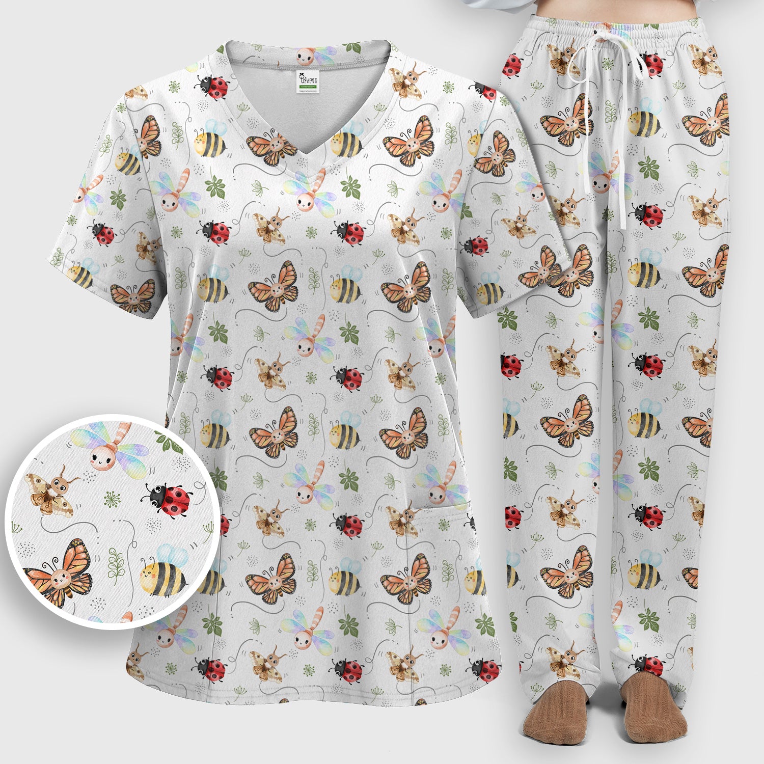Colorful Garden Insect Pattern Scrub Set, Scrub Pants and V Neck Top