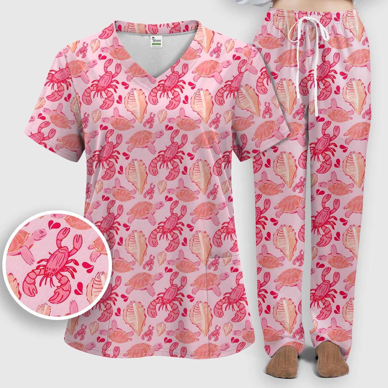 Pink Sea Turtle Lobster Shell Pattern Scrub Set, Scrub Pants and V Neck Top
