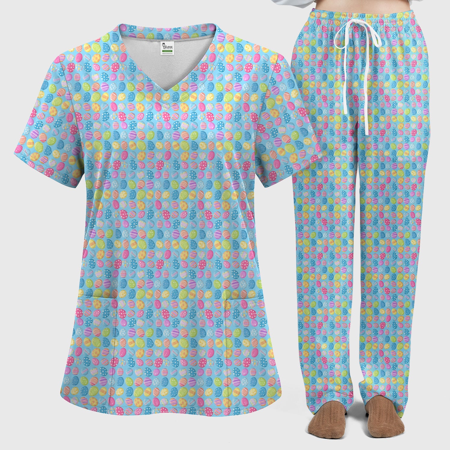 Colorful Easter Eggs Pattern Scrub Set, Scrub Pants and V Neck Top