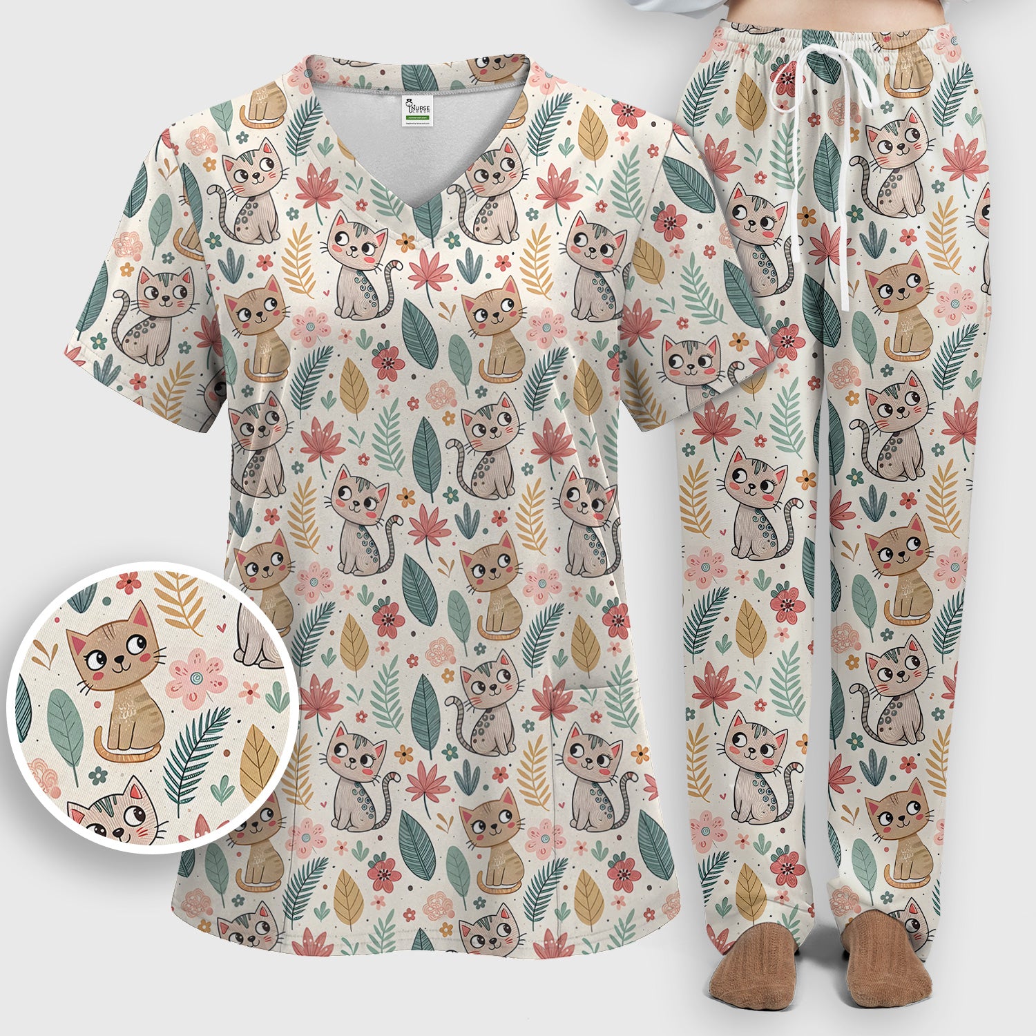 Cute Cartoon Cat Floral Leaf Pattern Scrub Set, Scrub Pants and V Neck Top