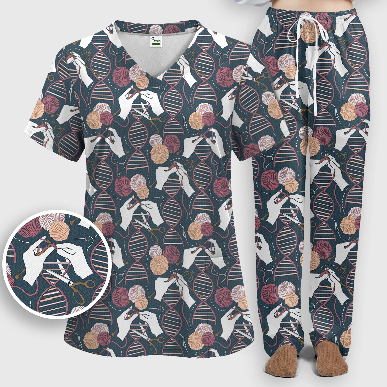 DNA Helix Yarn Pattern Scrub Set, Scrub Pants and V Neck Top
