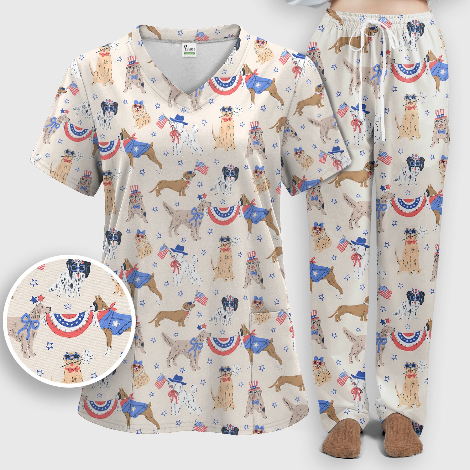 Patriotic Dog Parade Pattern Scrub Set, Scrub Pants and V Neck Top