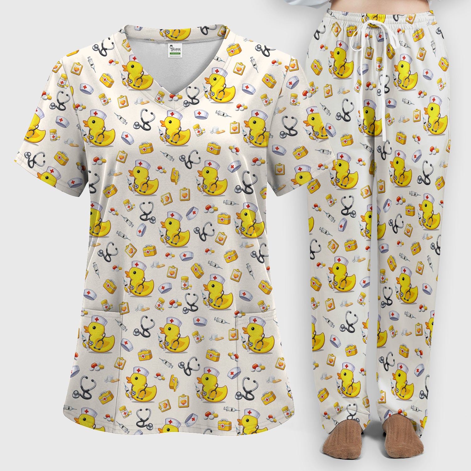 Playful Medical Duck Print Women's Scrub Set, Breathable Med Uniform