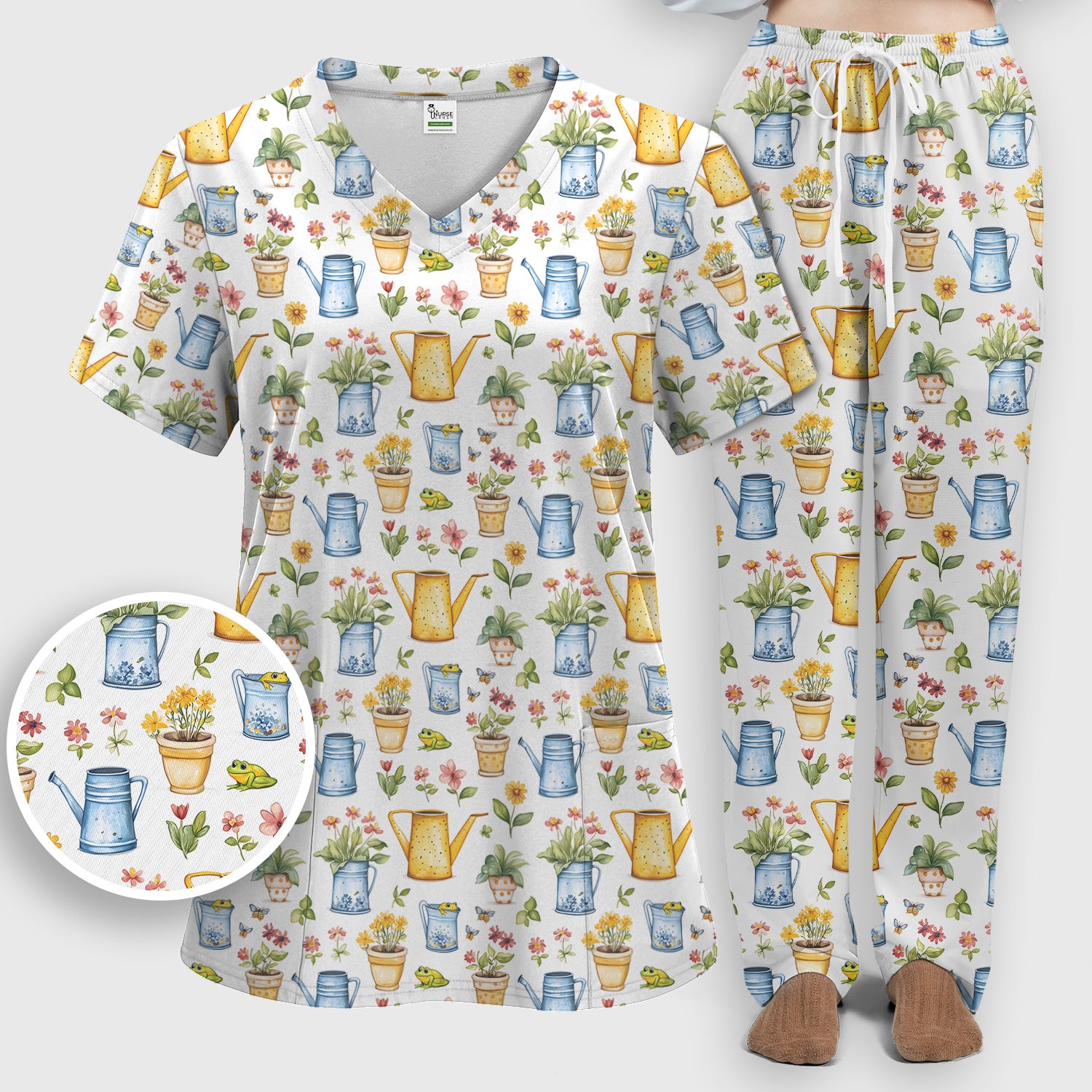 Watering Can and Flower Pot Garden Scrub Set, Scrub Pants and V Neck Top