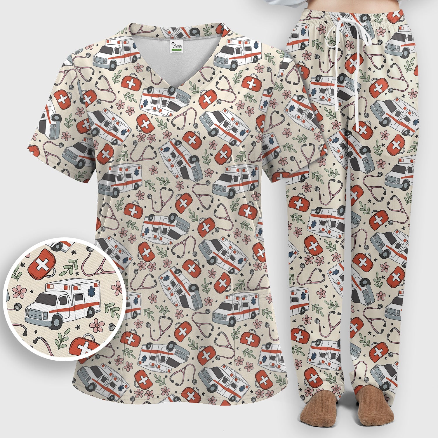 Ambulance Stethoscope First Aid Floral Pattern Scrub Set, Scrub Pants and V Neck Top
