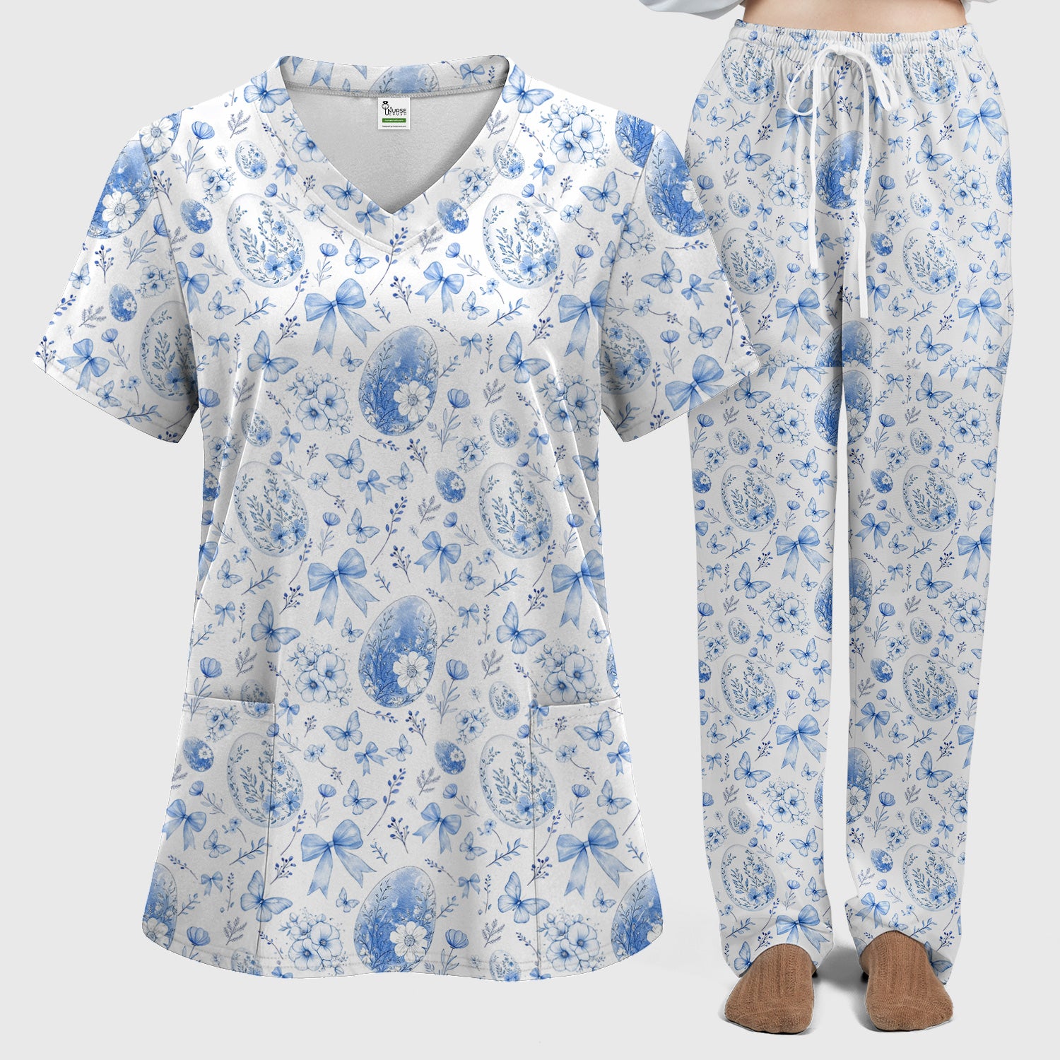 Butterfly Floral Bow Vintage Pattern Scrub Set, Scrub Pants and V Neck Top