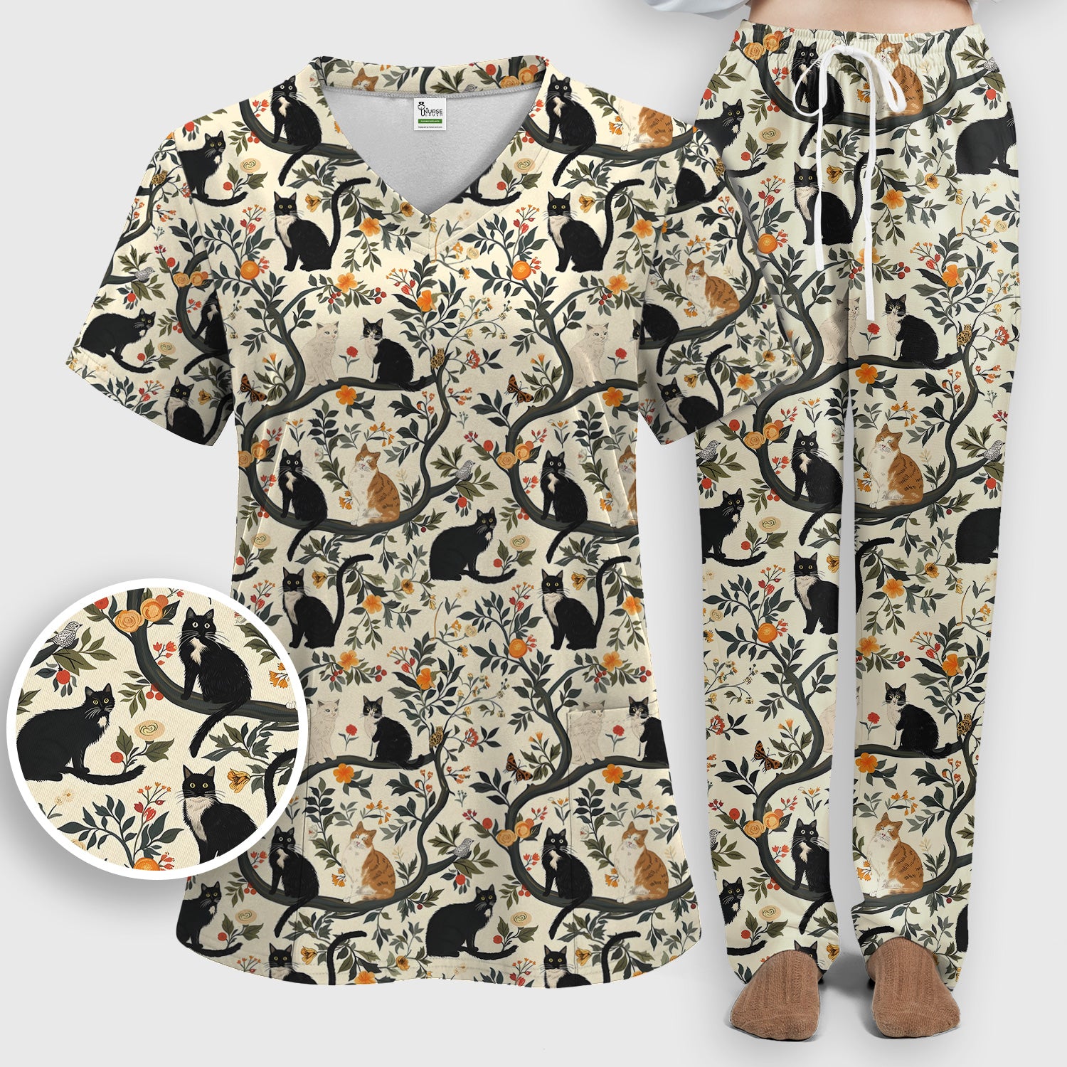 Vintage Black Cat Floral Pattern Scrub Set, Scrub Pants and V Neck Top