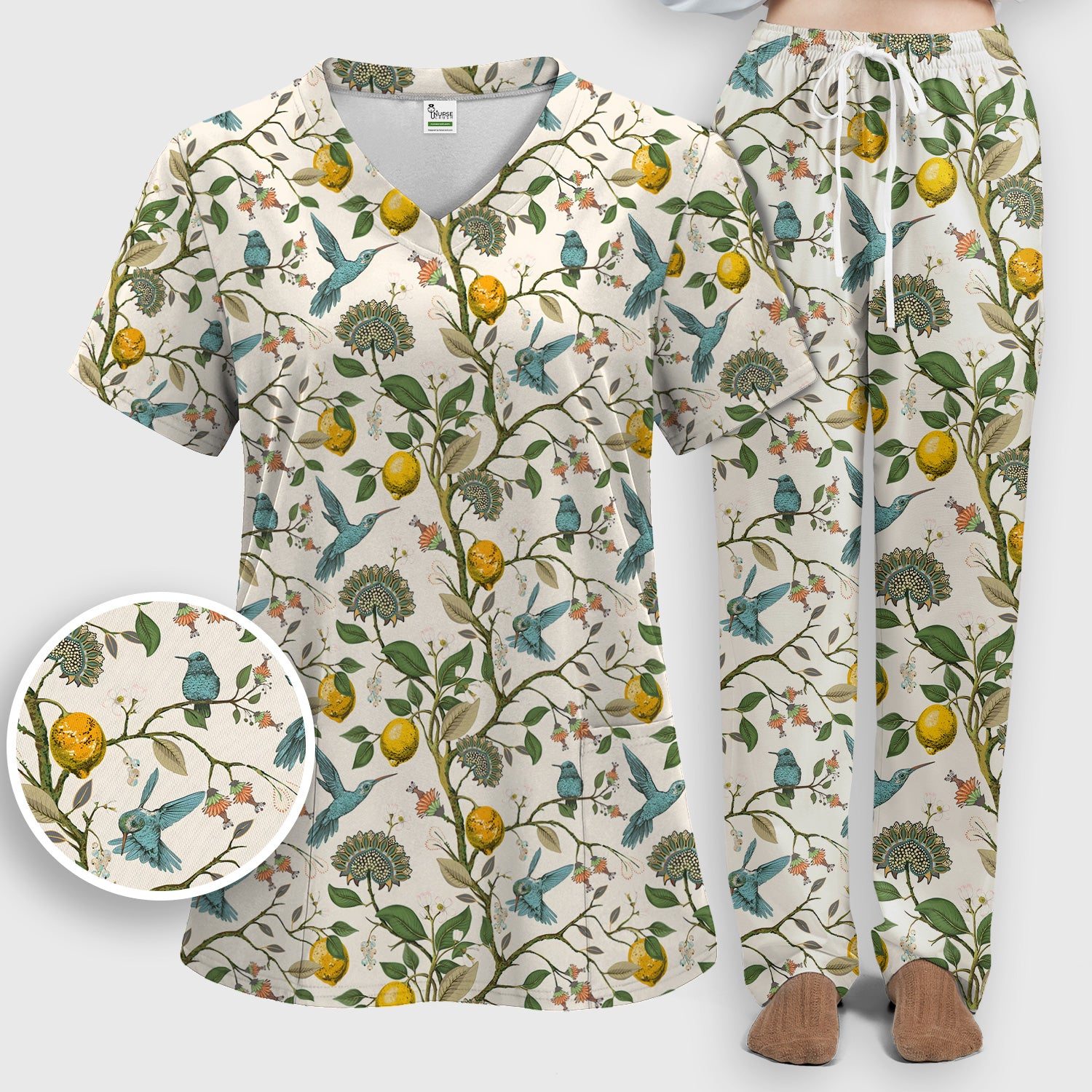 Cute Hummingbird Lemon Floral Pattern Scrub Set, Scrub Pants and V Neck Top