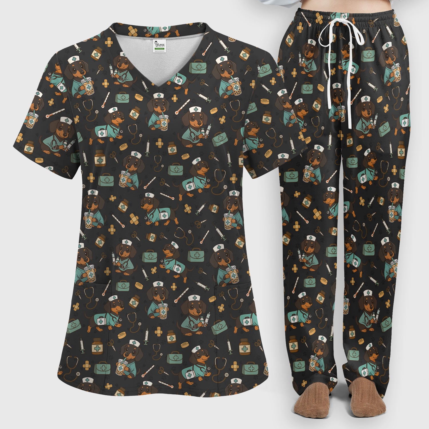 Funny Dachshund Nurse Scrubs Set - Cute Dog Print Medical Shirt - Holiday Nurse Scrub Top Gift for RN CNA Doctor, Women & Men