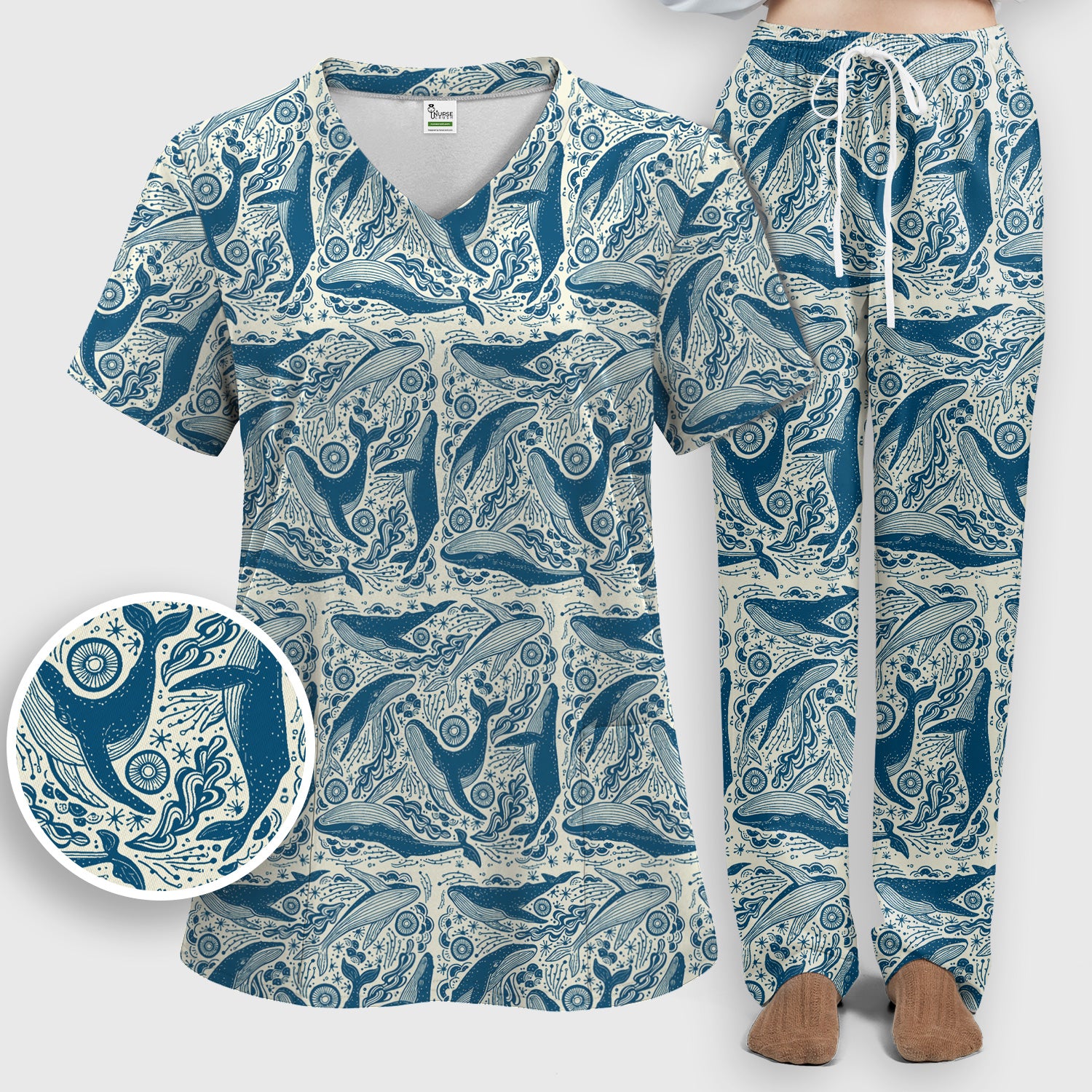 Blue Whale Ocean Pattern Scrub Set, Scrub Pants and V Neck Top