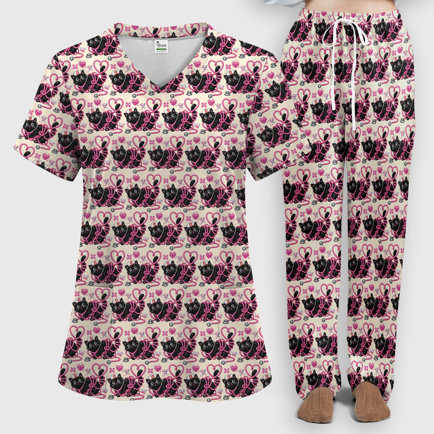 Valentine Cute Cat Nurse Heart Print Women's Scrub Set, Breathable Med Uniform