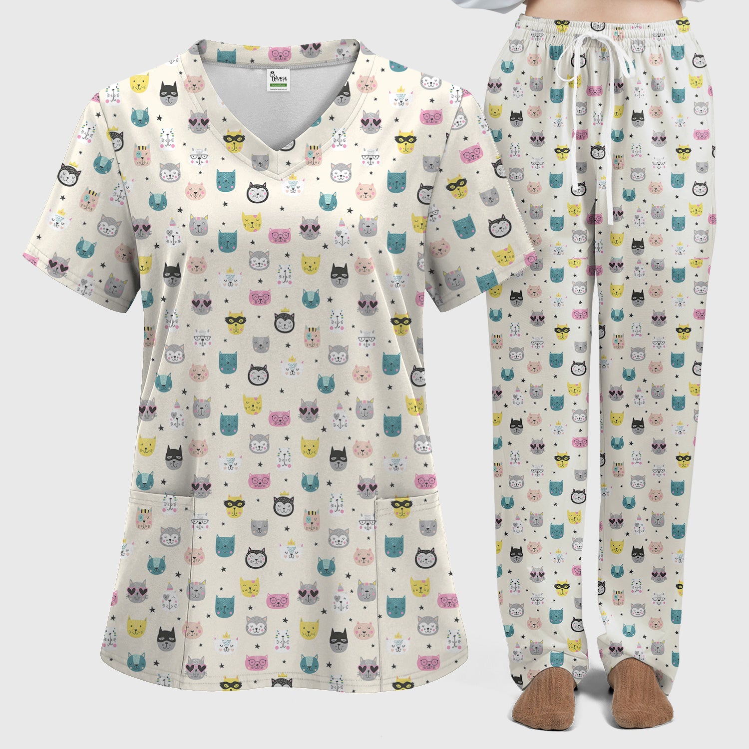 Cute Colorful Cat Pattern Women's Scrub Sets, Breathable Med Uniform