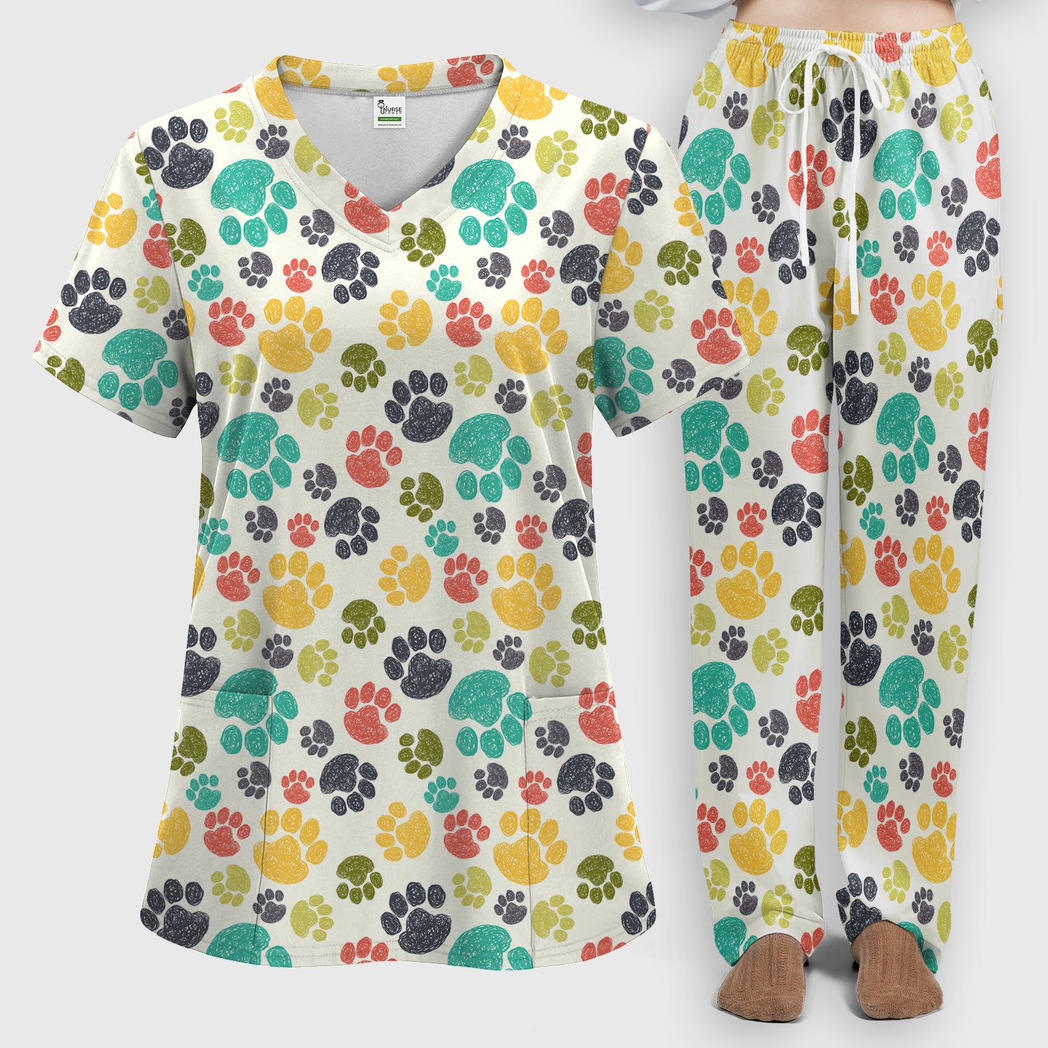 Colorful Paw Print Animal Pattern Scrub Set, Scrub Pants and V Neck Top
